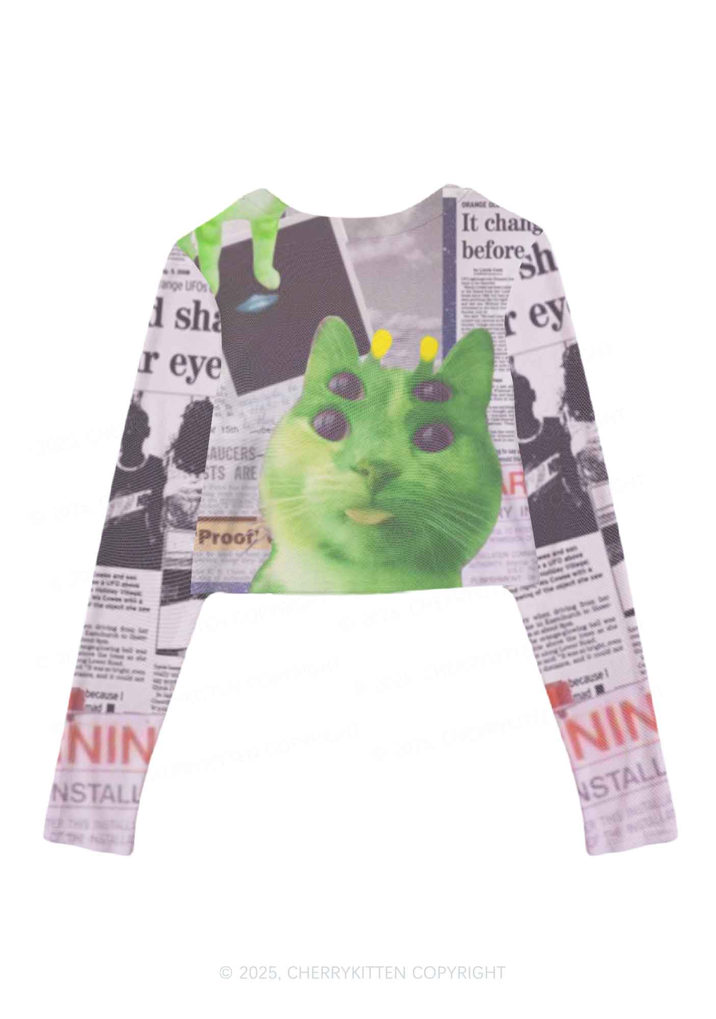 Green Alien Kitten Y2K Mesh Long Sleeve Crop Top Cherrykitten - Image 2