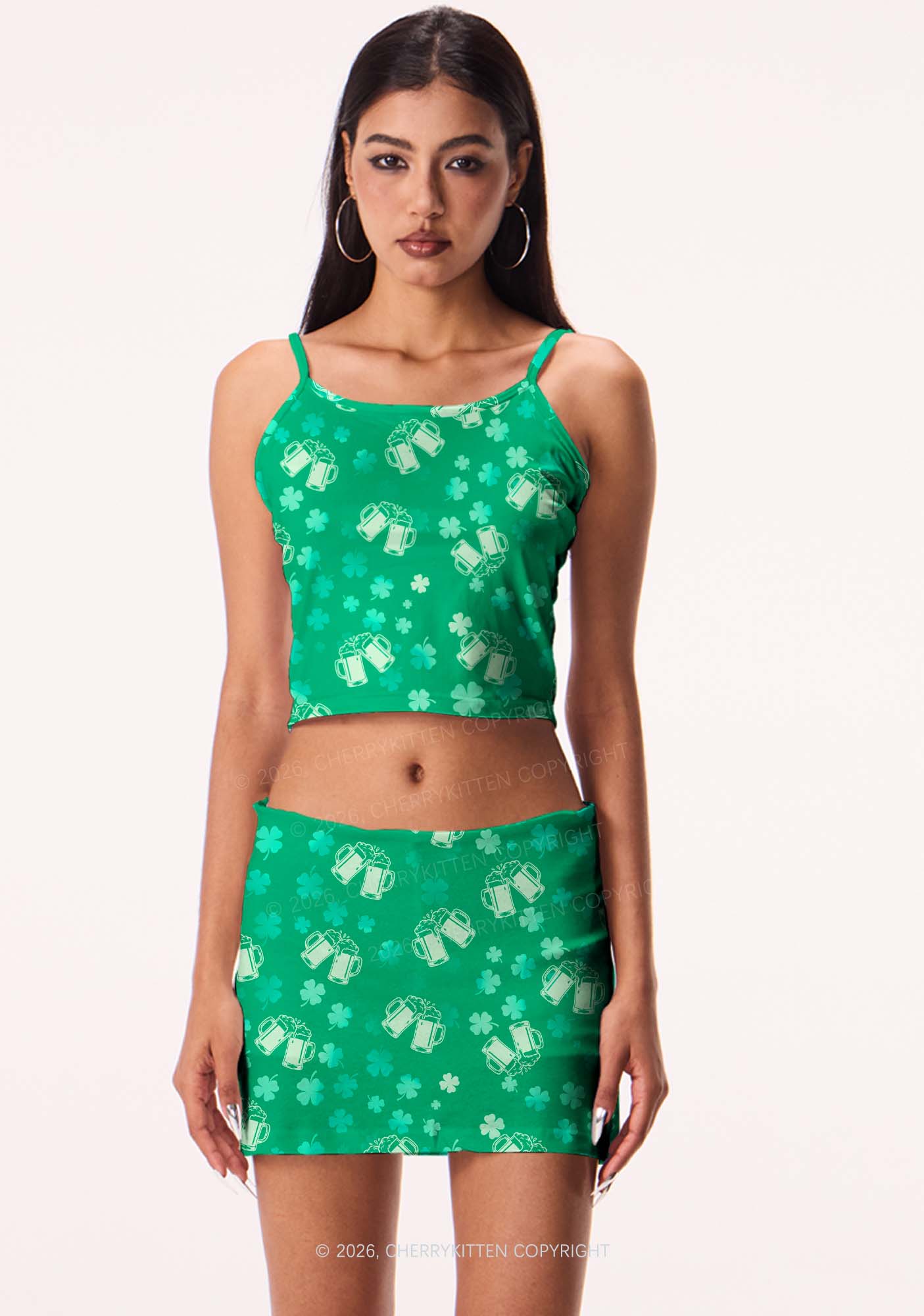 Green Beer Clover St Patricks Y2K Print Cami Crop Top Cherrykitten - Image 2