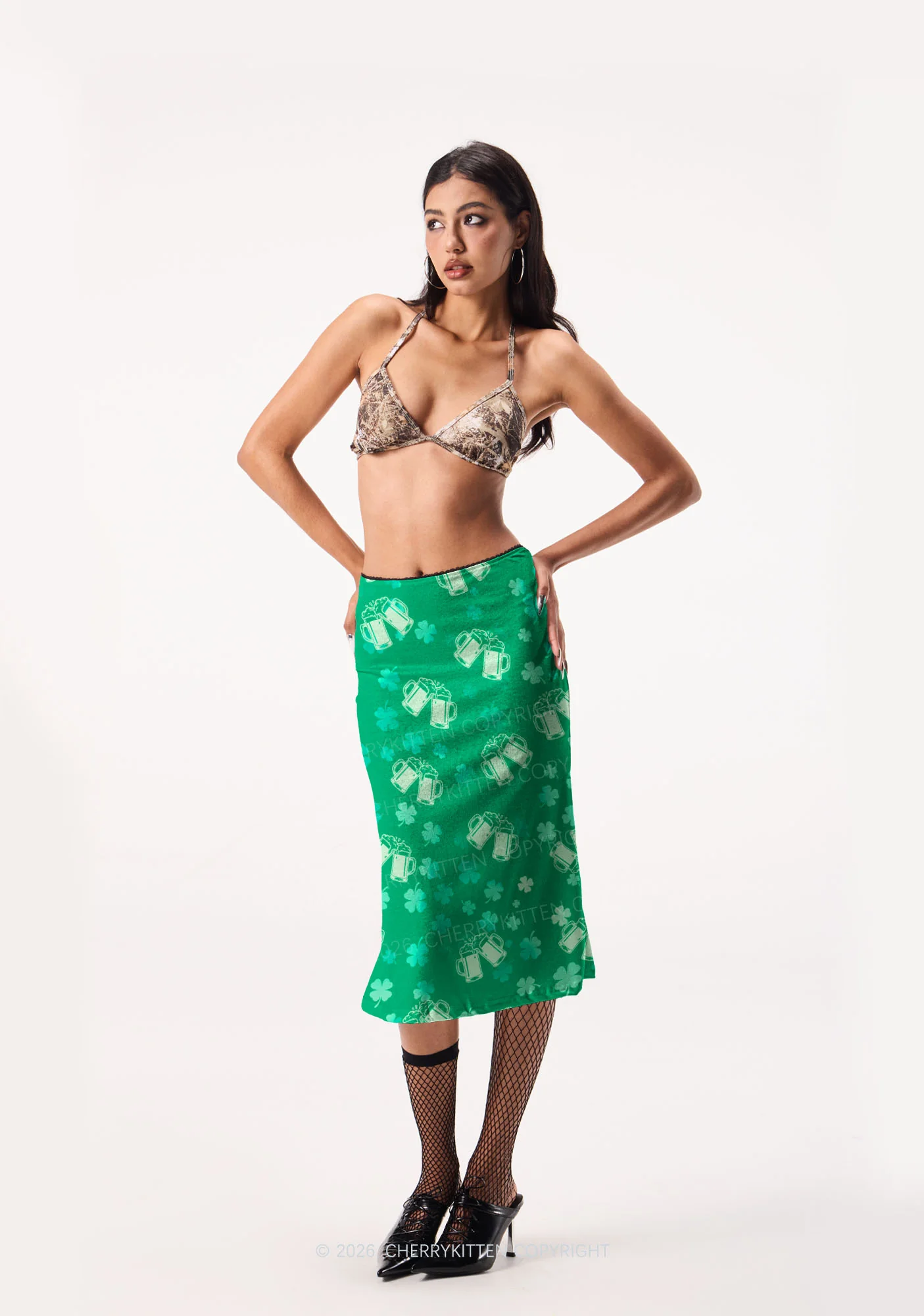 Green Beer Clover St Patricks Y2K Print Midi Skirt Cherrykitten - Image 2