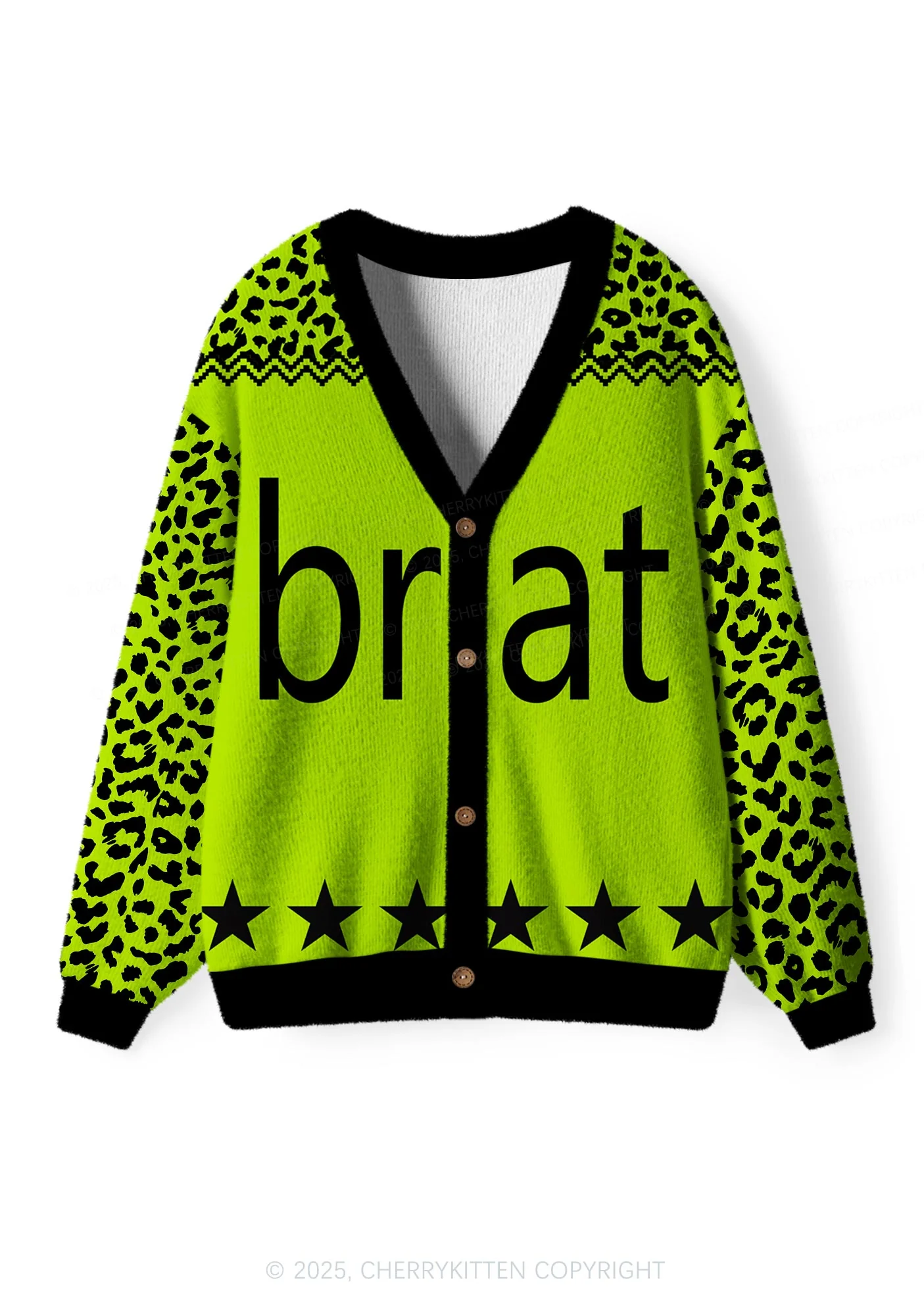 Green Brat Star Y2K Christmas Cardigan Knit Sweatshirt Cherrykitten - Image 2