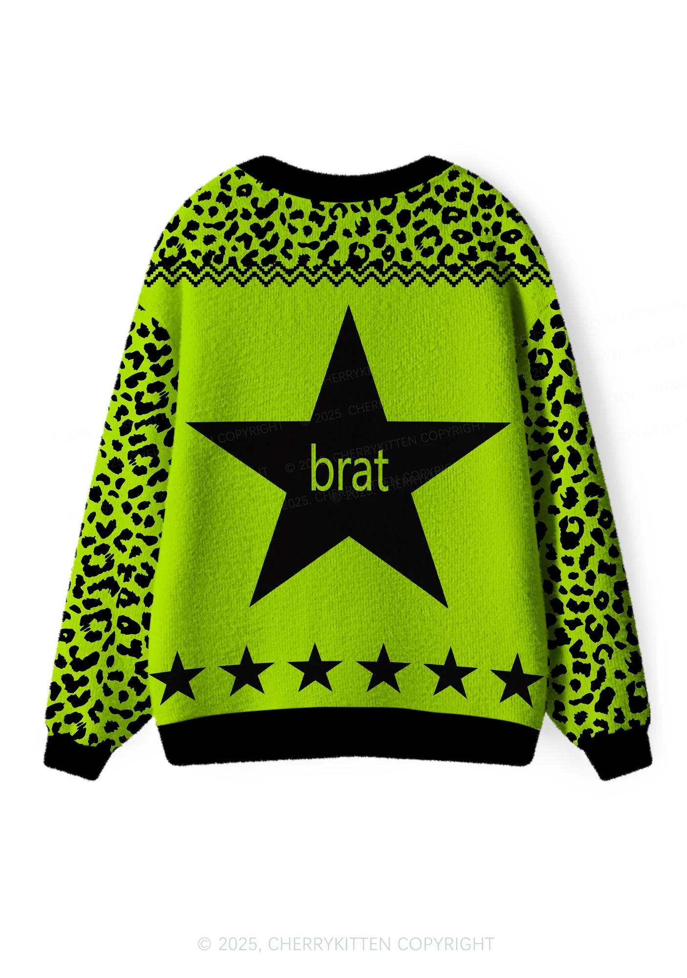 Green Brat Star Y2K Christmas Cardigan Knit Sweatshirt Cherrykitten - Image 3