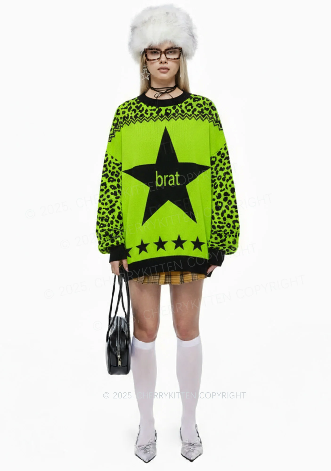 Green Brat Star Y2K Christmas Knit Sweatshirt Cherrykitten - Image 2