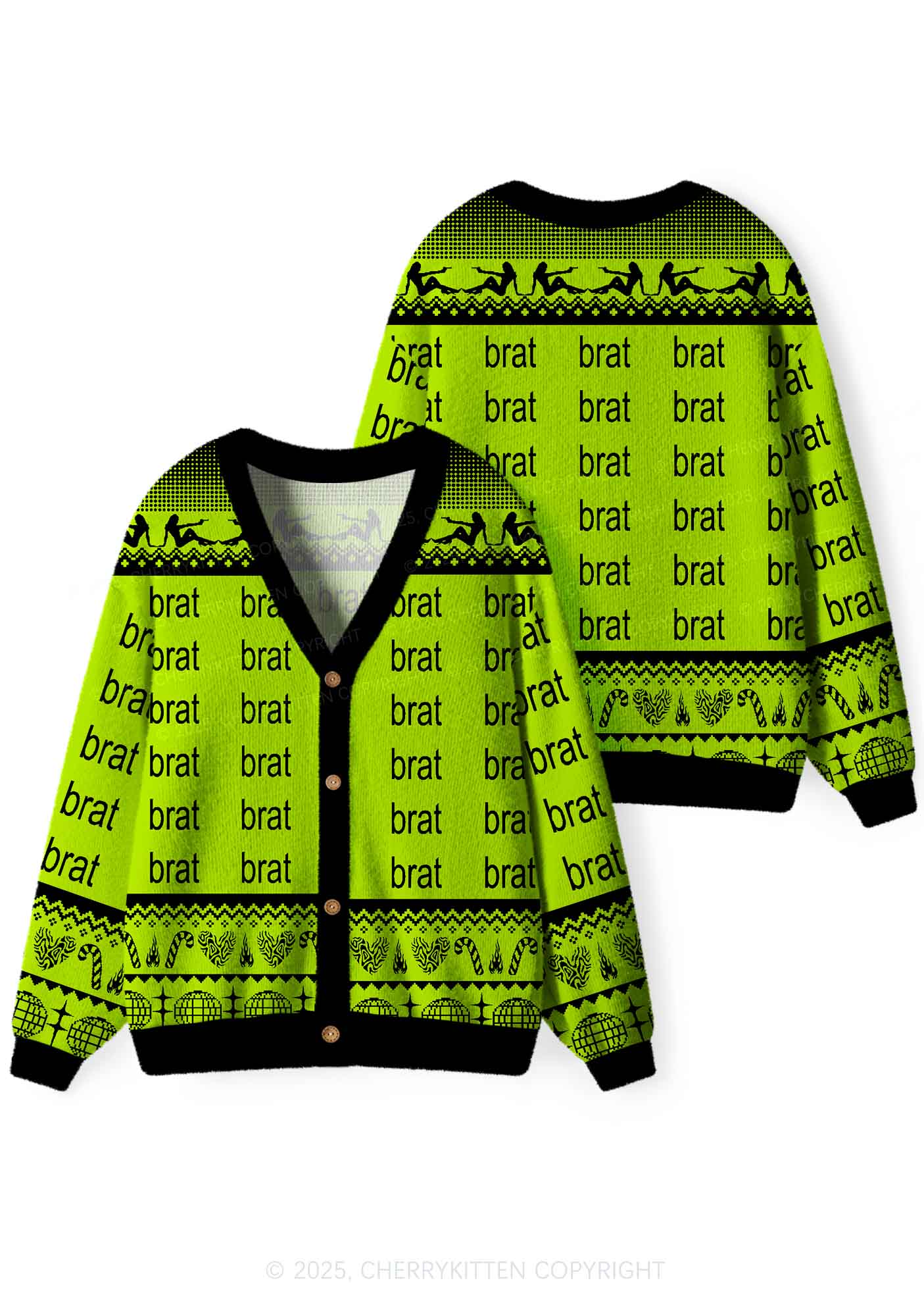 Green Brat Y2K Christmas Cardigan Knit Sweatshirt Cherrykitten - Image 3