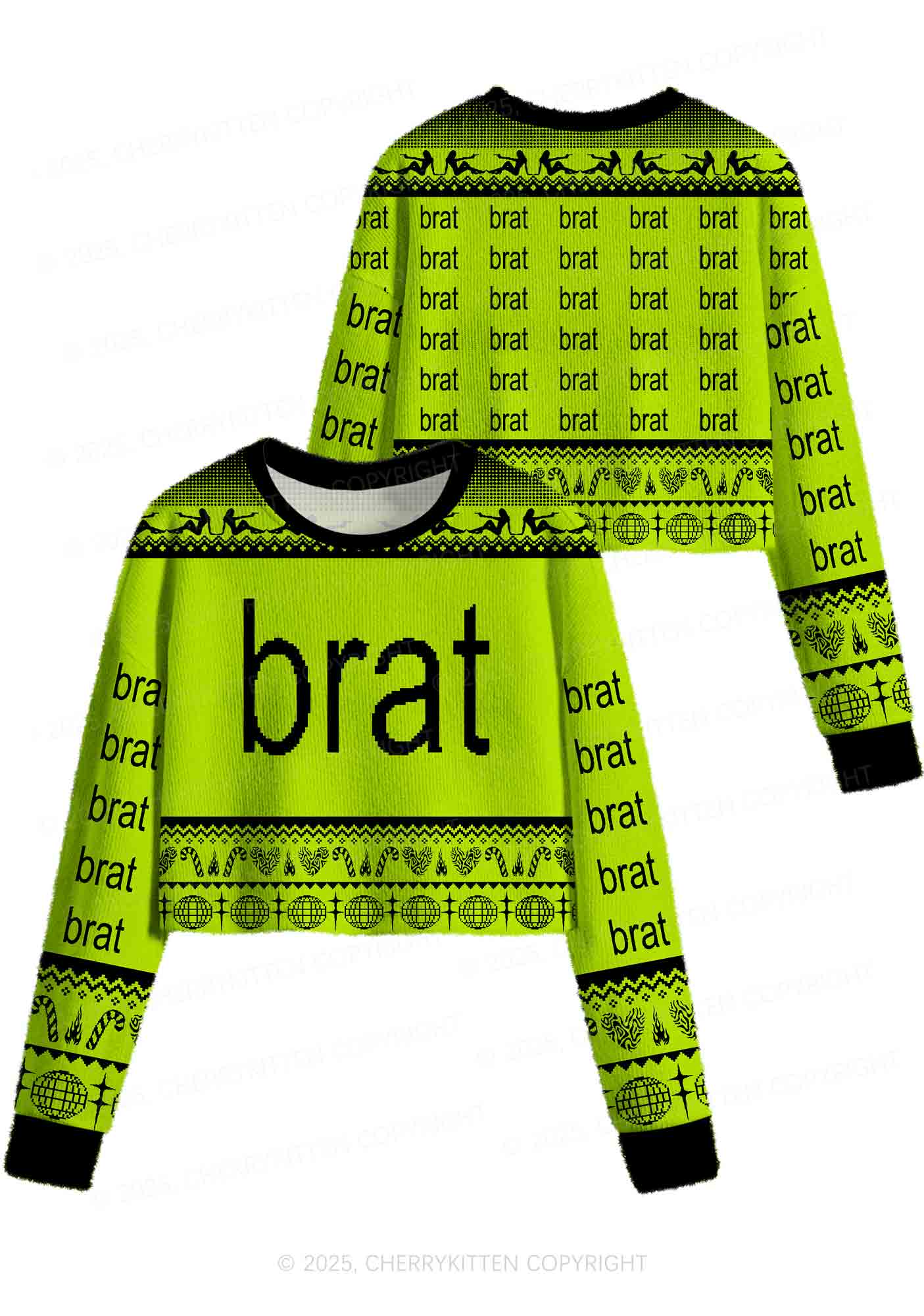 Green Brat Y2K Christmas Crop Knit Sweatshirt Cherrykitten - Image 3