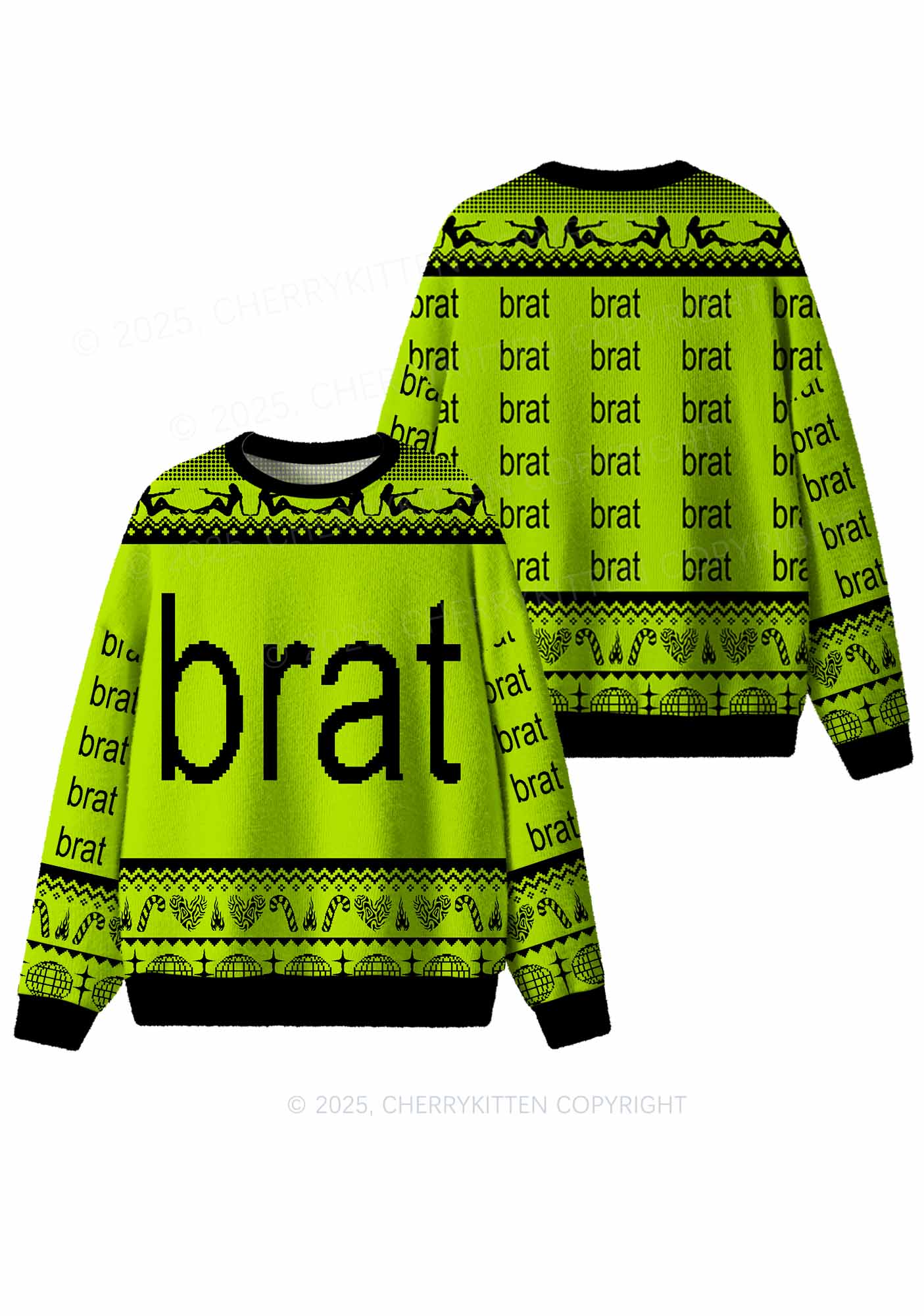 Green Brat Y2K Christmas Knit Sweatshirt Cherrykitten - Image 3