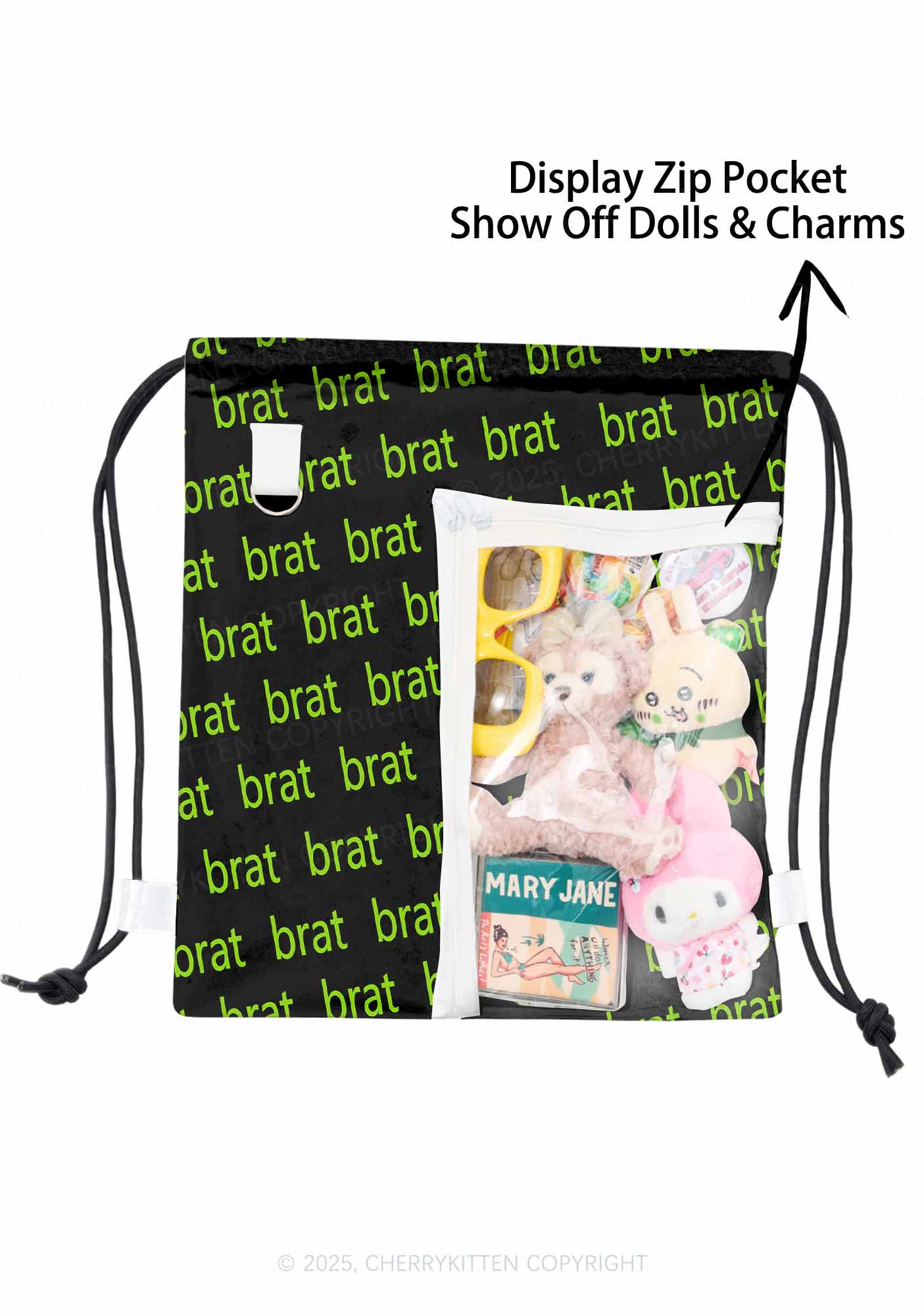 Green Brat Y2K Drawstring Itabag Backpack Cherrykitten - Image 4