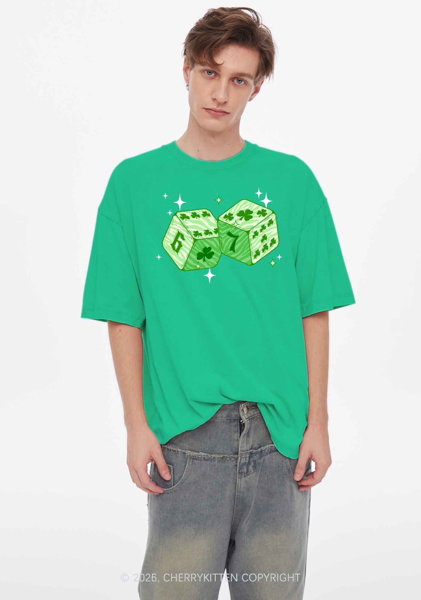 Green Clover Dice St Patricks Y2K Shirts Washed Tee Cherrykitten - Image 2