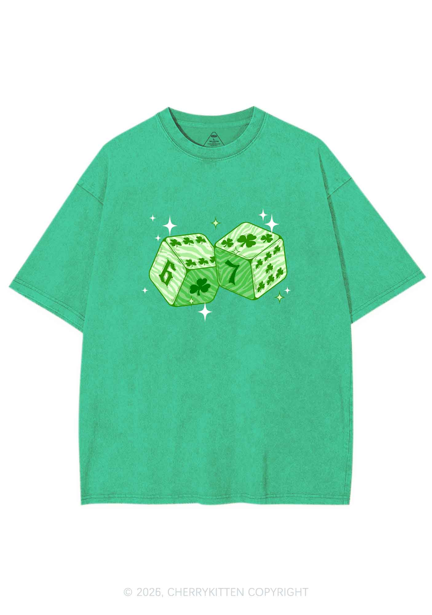 Green Clover Dice St Patricks Y2K Shirts Washed Tee Cherrykitten - Image 3