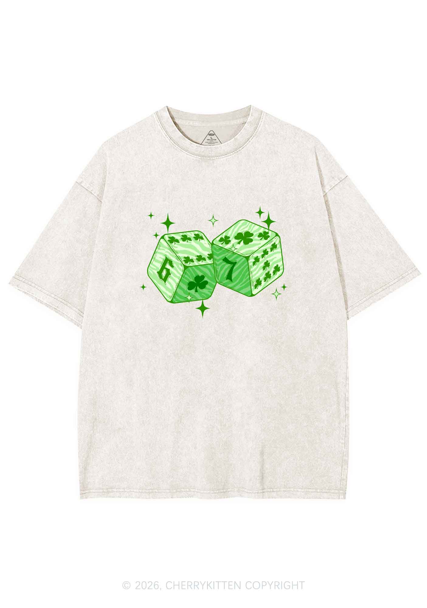 Green Clover Dice St Patricks Y2K Shirts Washed Tee Cherrykitten - Image 4