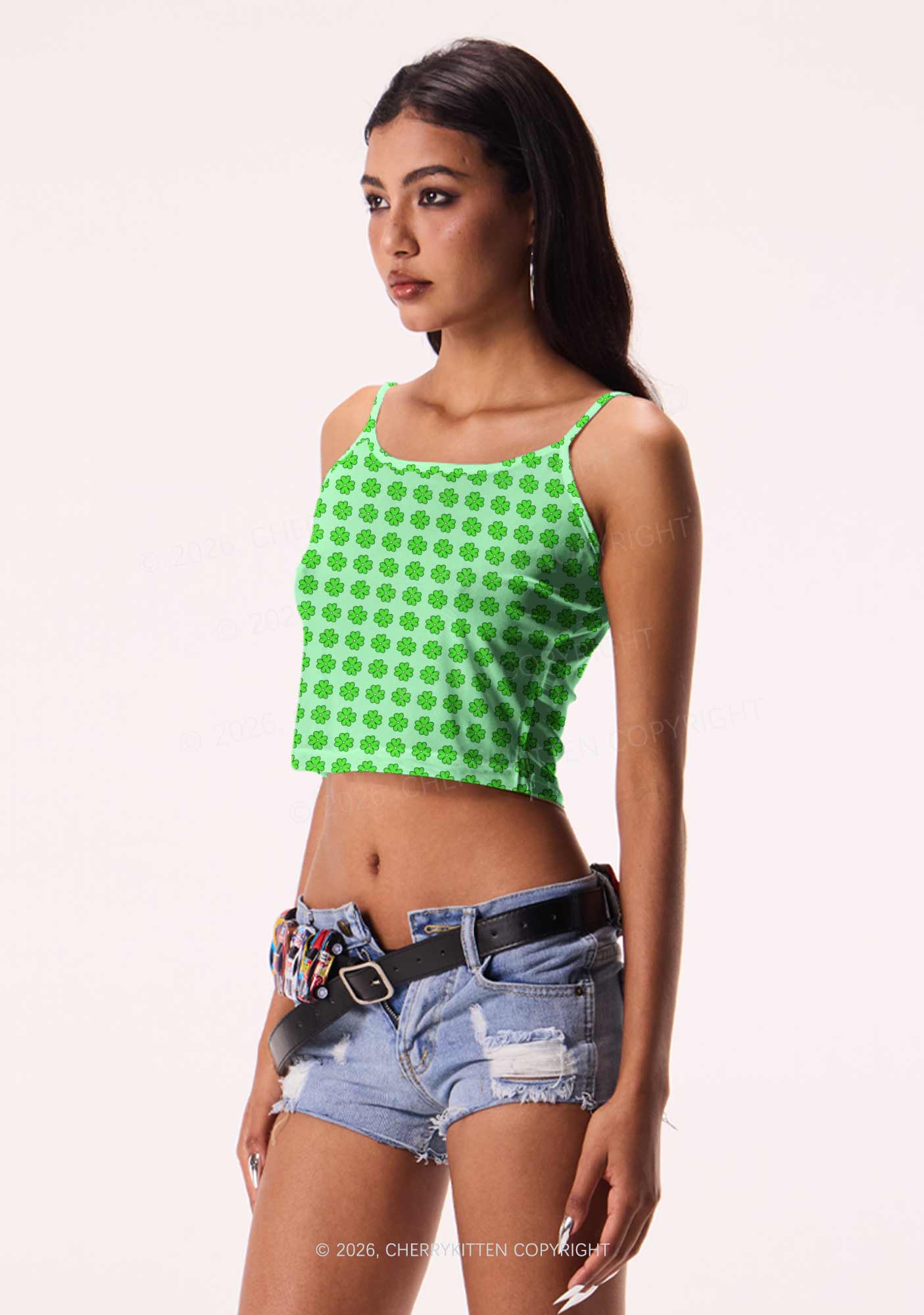 Green Clover Grid St Patricks Y2K Print Cami Crop Top Cherrykitten - Image 2