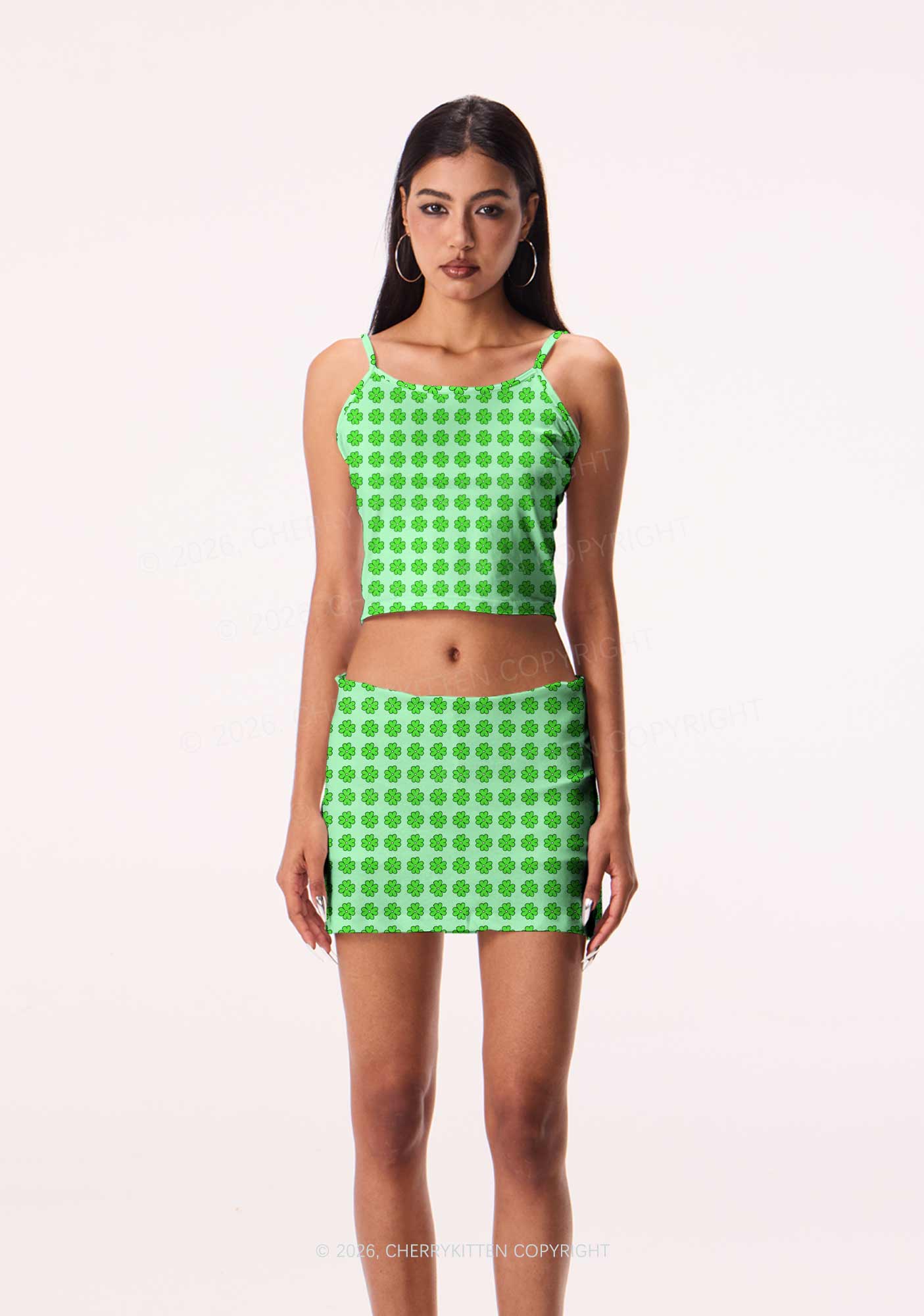 Green Clover Grid St Patricks Y2K Print Mini Skirt Cherrykitten - Image 2