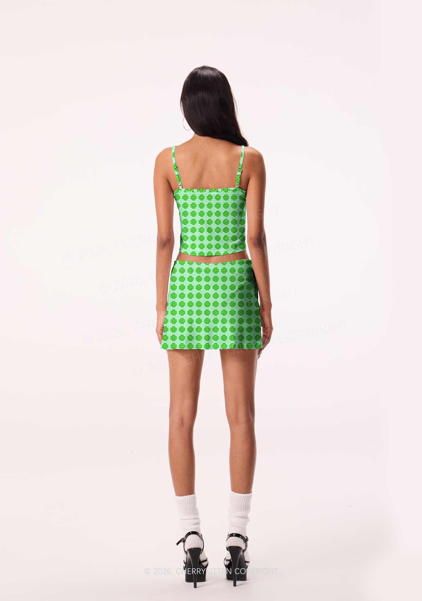 Green Clover Grid St Patricks Y2K Print Mini Skirt Cherrykitten - Image 3