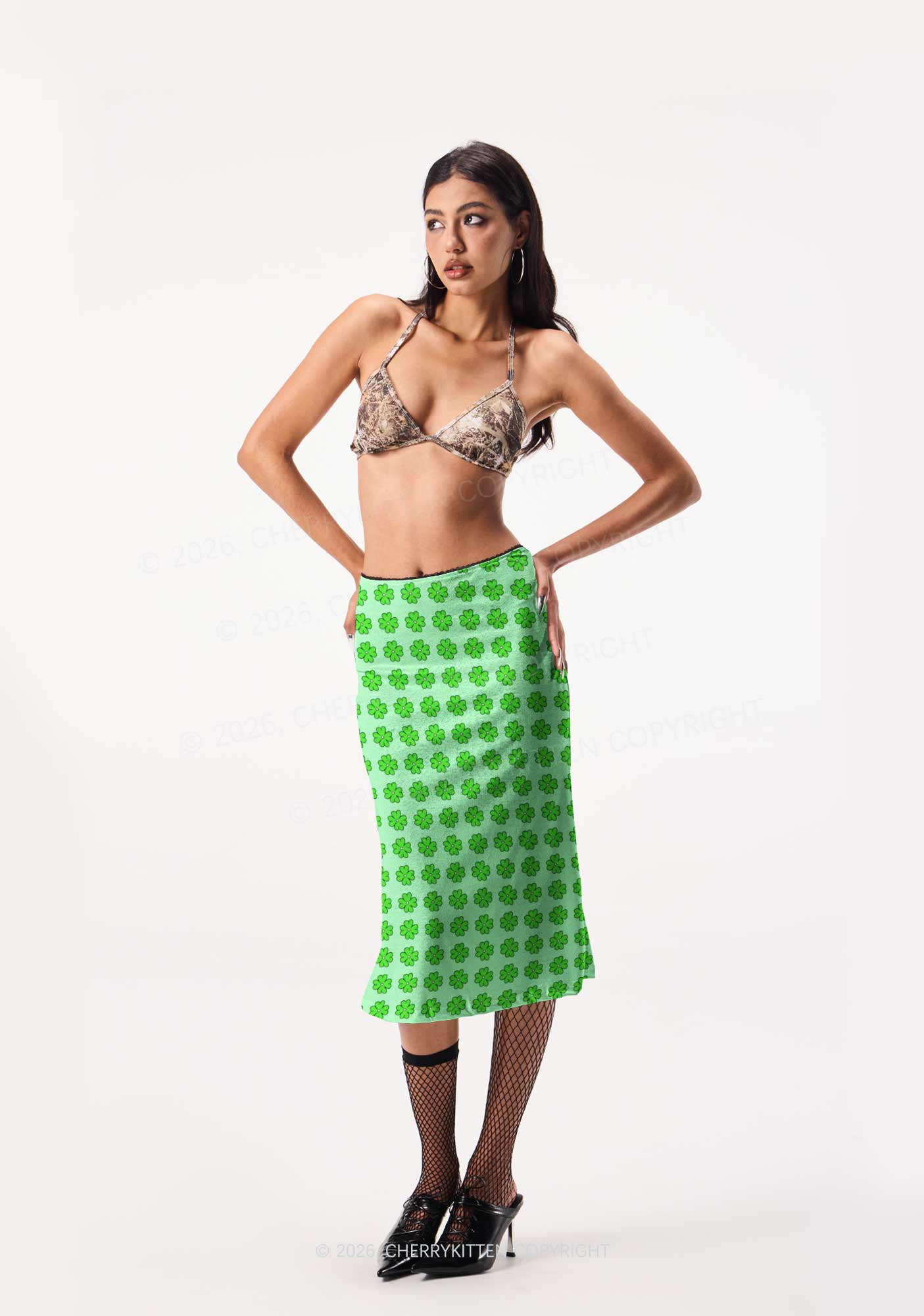 Green Clover Grid St Patricks Y2K Print Midi Skirt Cherrykitten - Image 2