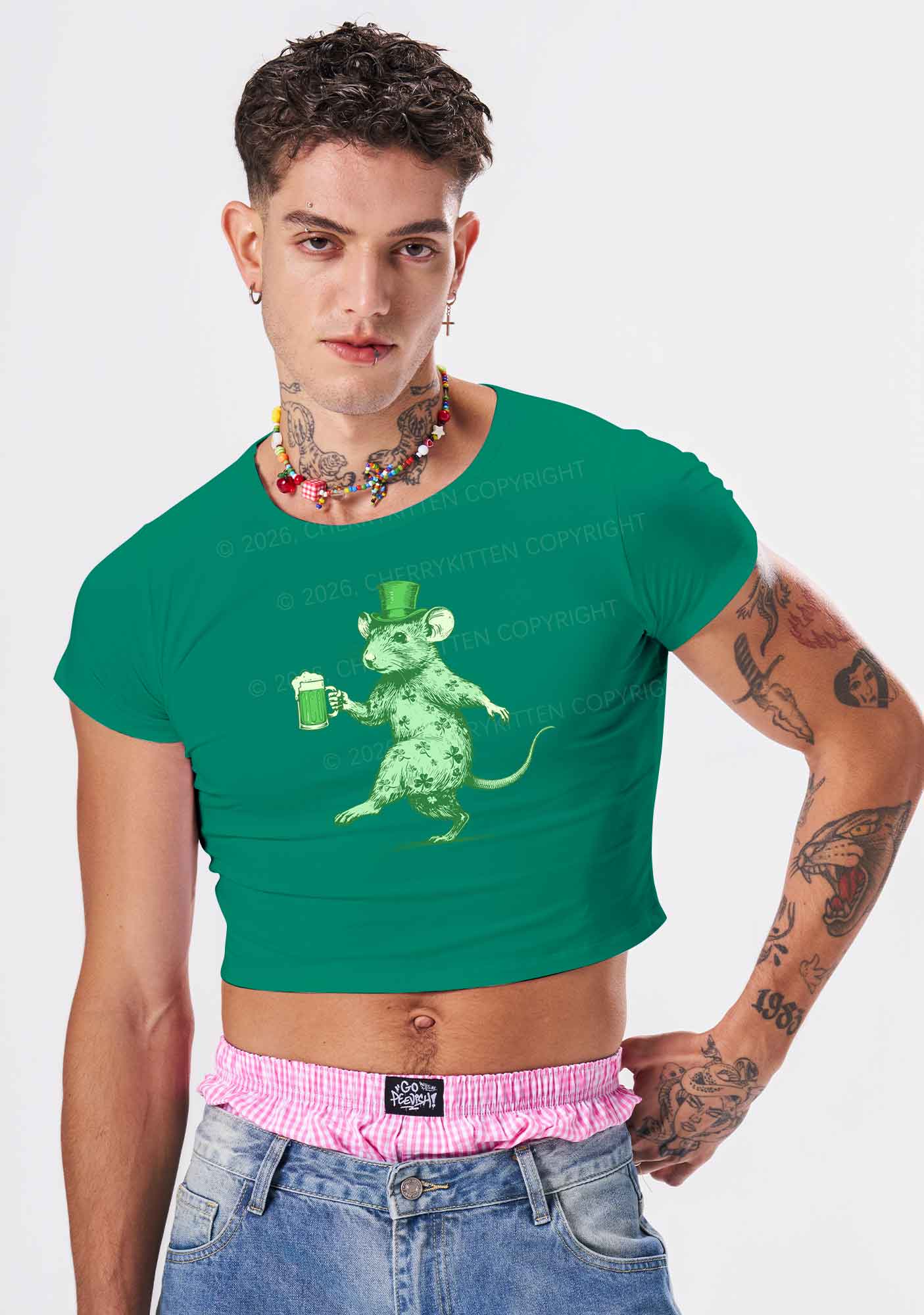 Green Drunk Rat St Patricks Y2K Baby Tee Cherrykitten - Image 2
