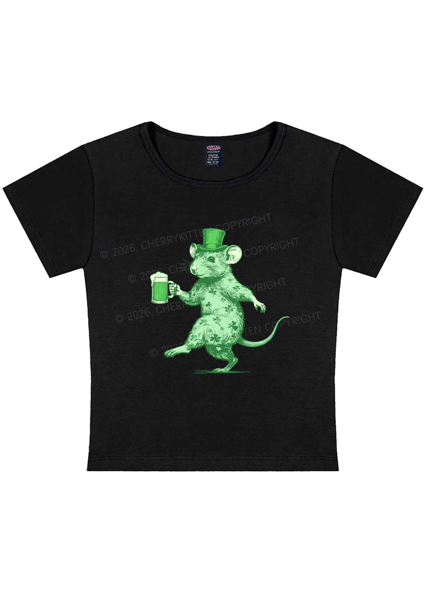 Green Drunk Rat St Patricks Y2K Baby Tee Cherrykitten - Image 3