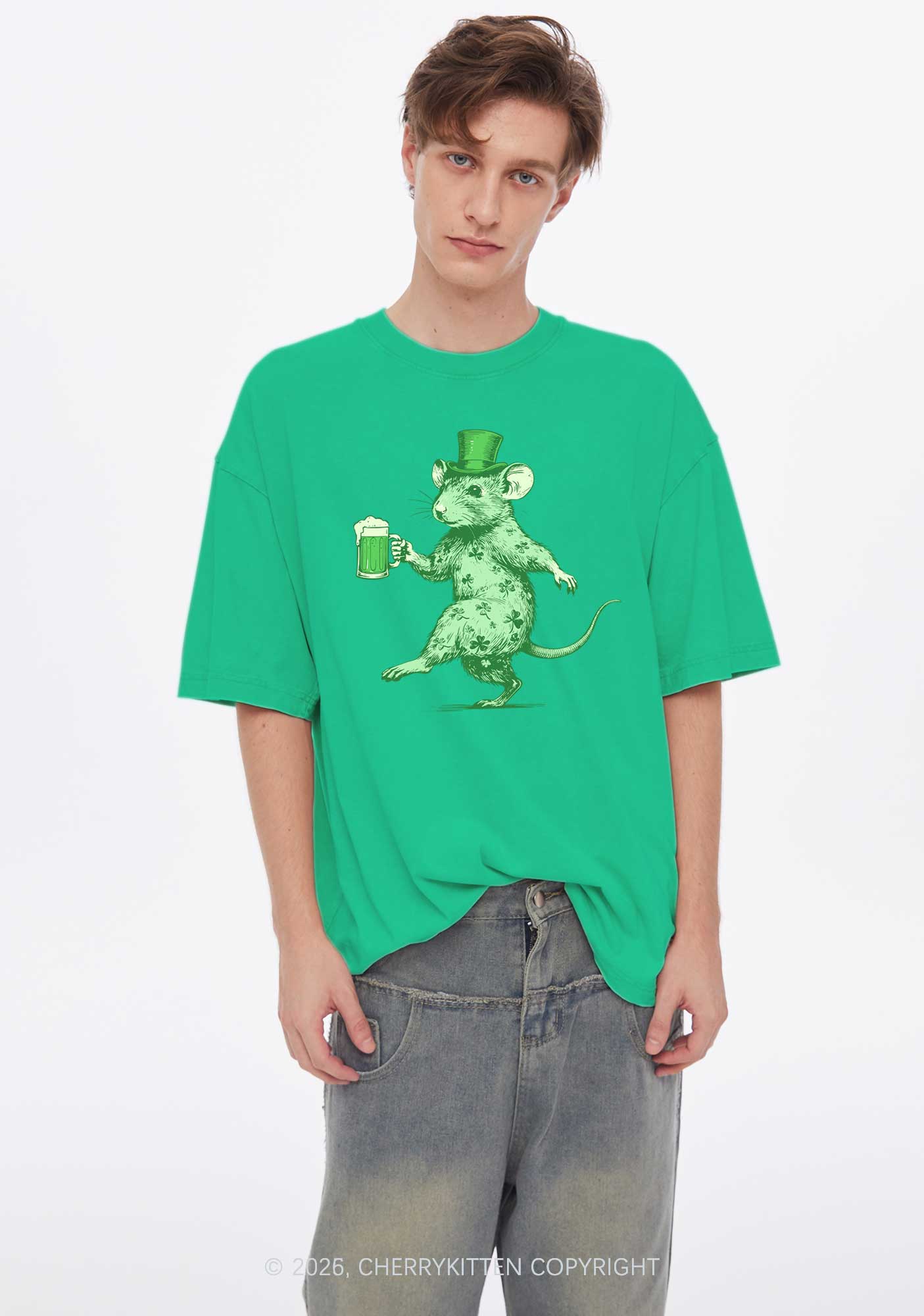 Green Drunk Rat St Patricks Y2K Shirts Washed Tee Cherrykitten - Image 2