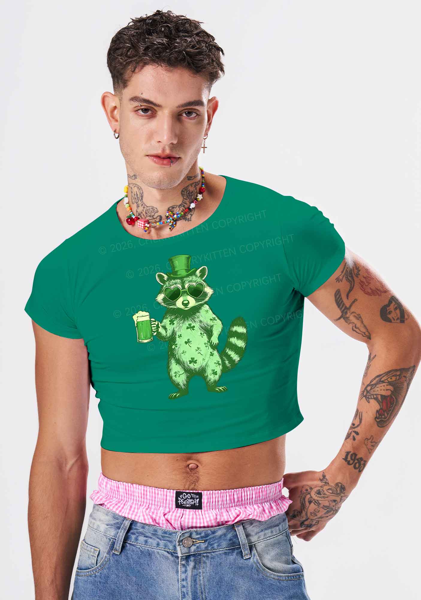 Green Feral Raccoon St Patricks Y2K Baby Tee Cherrykitten - Image 2