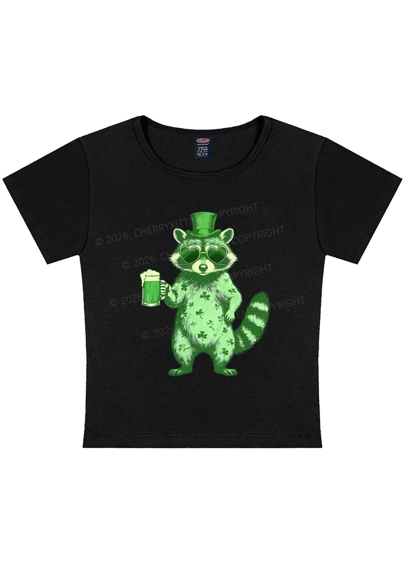 Green Feral Raccoon St Patricks Y2K Baby Tee Cherrykitten - Image 3