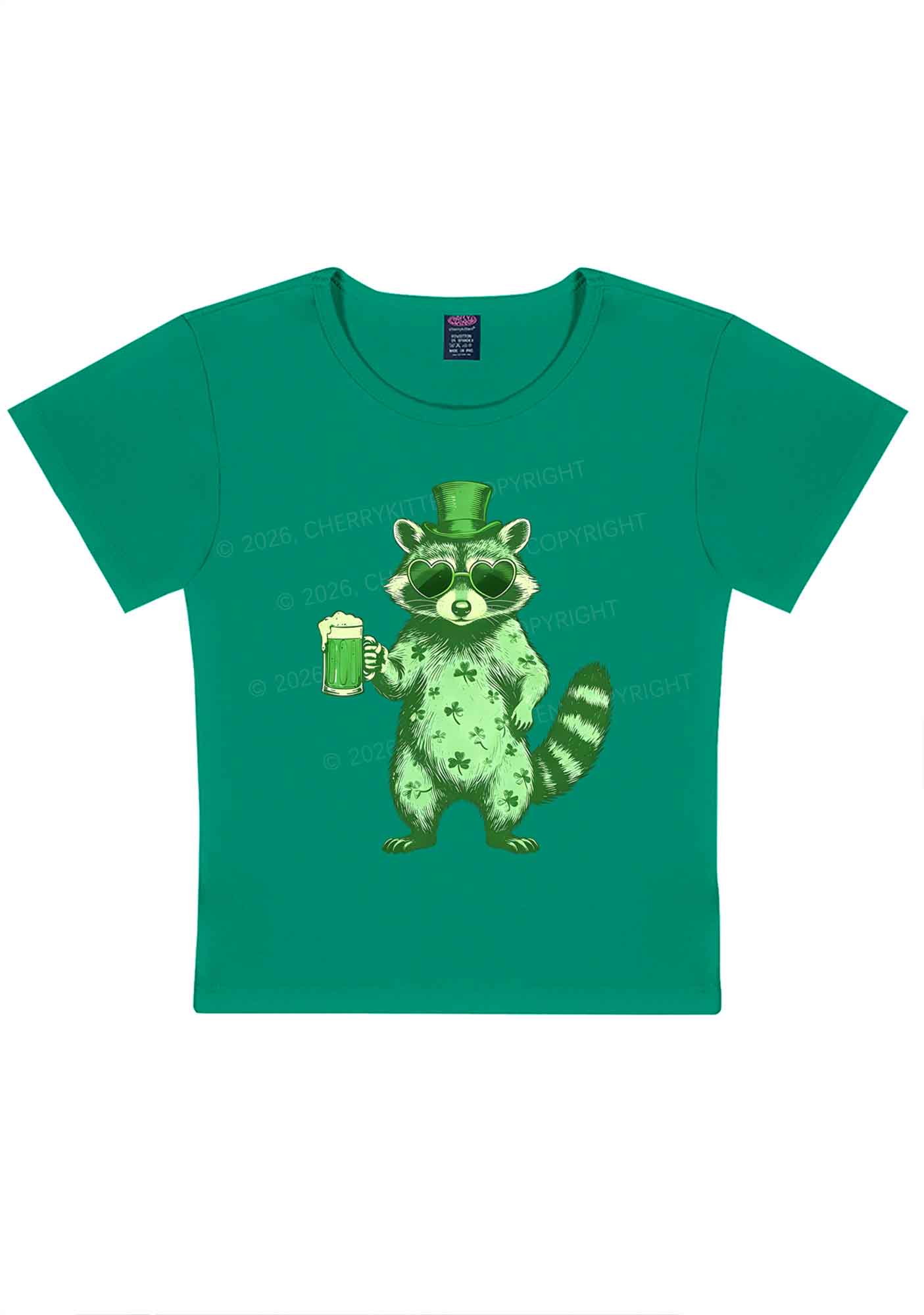 Green Feral Raccoon St Patricks Y2K Baby Tee Cherrykitten - Image 4