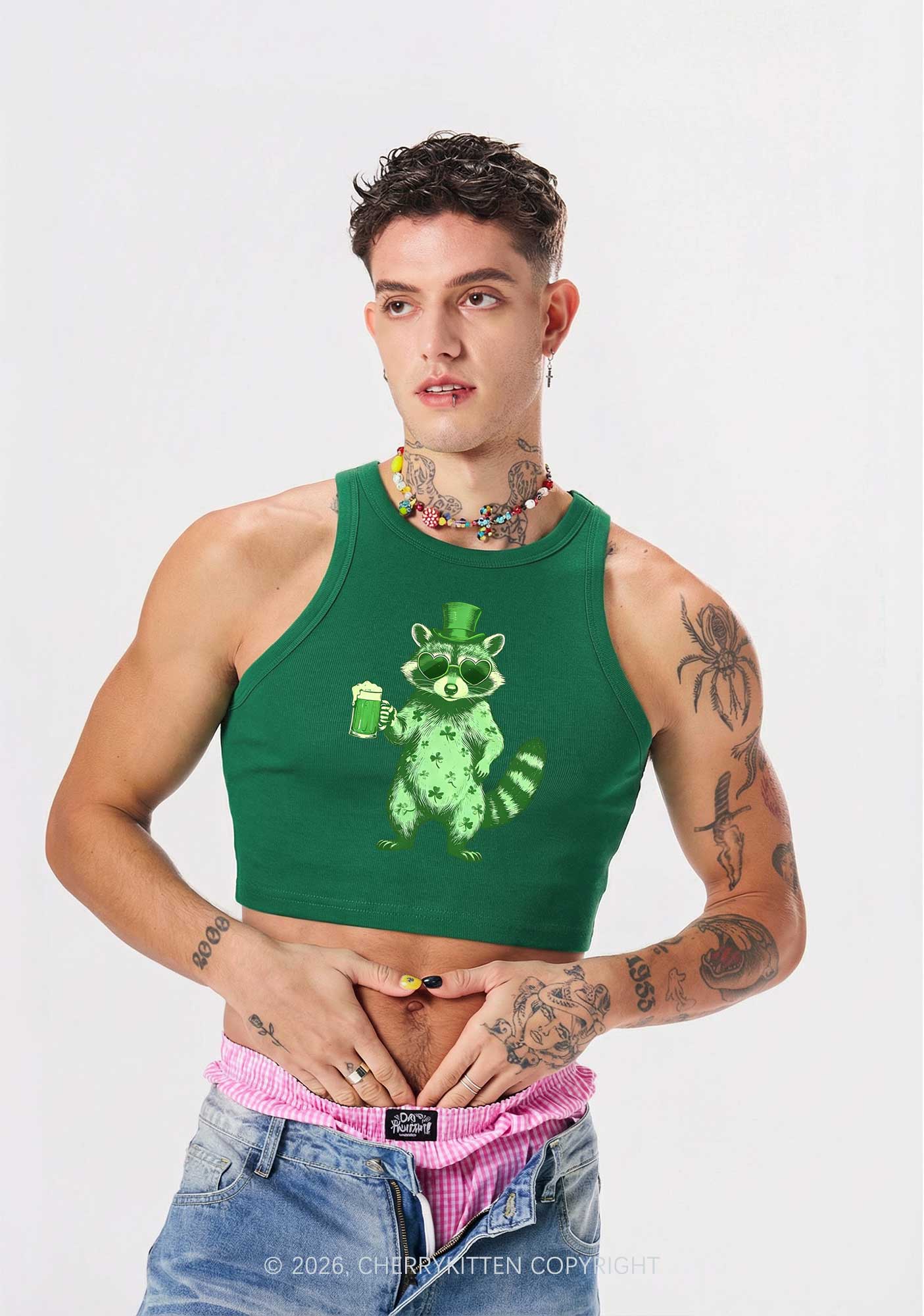 Green Feral Raccoon St Patricks Y2K Crop Tank Top Cherrykitten - Image 2