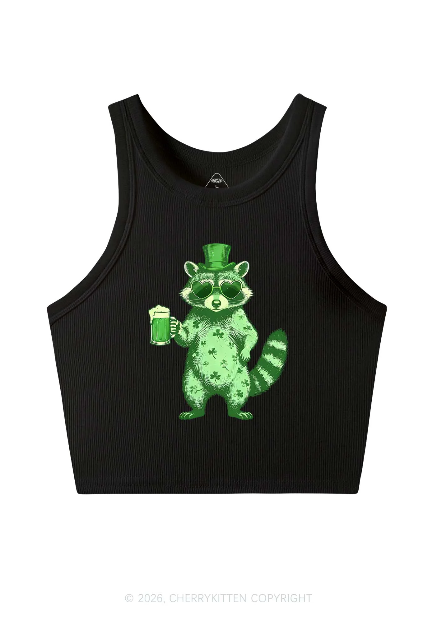 Green Feral Raccoon St Patricks Y2K Crop Tank Top Cherrykitten - Image 3