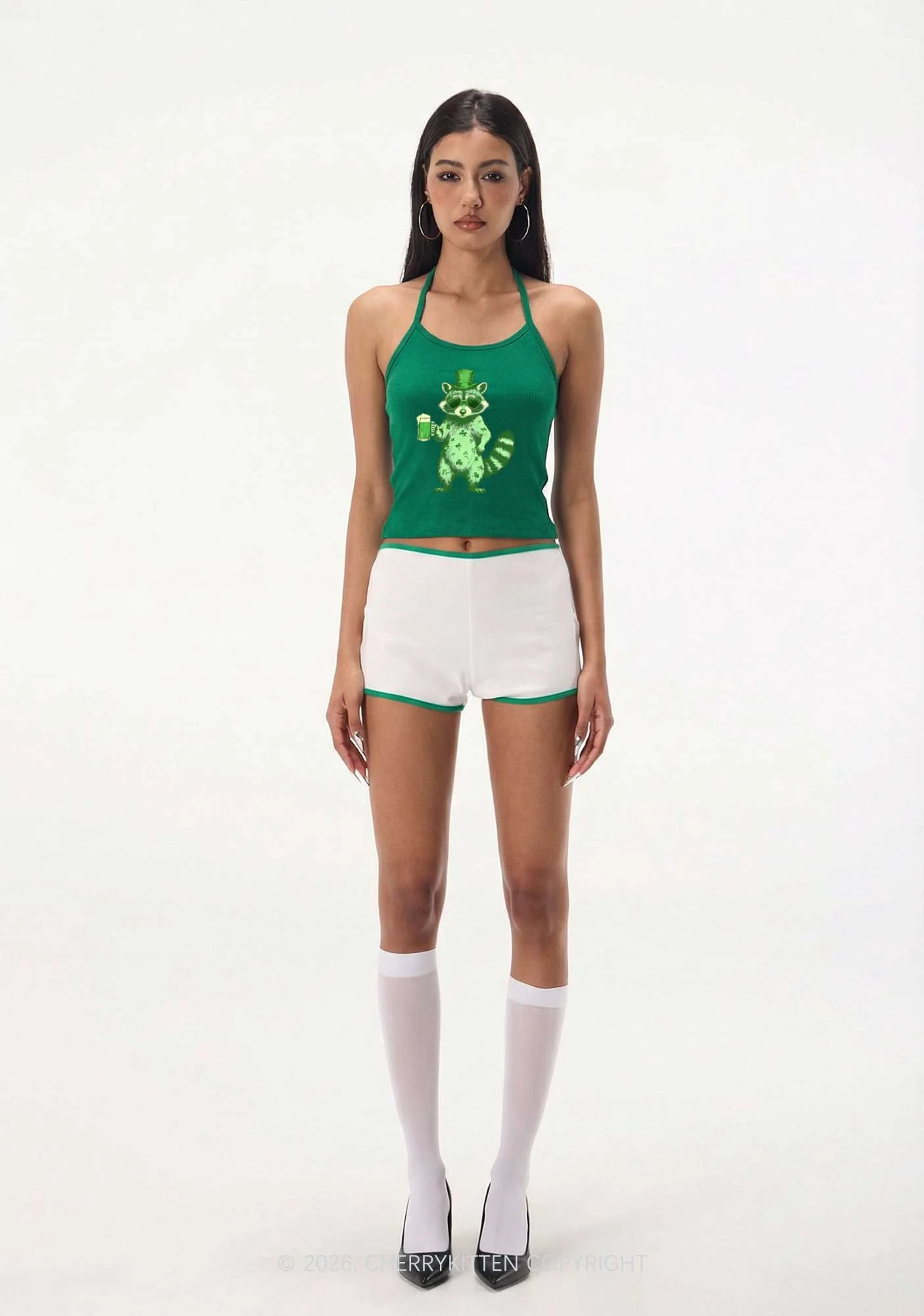 Green Feral Raccoon St Patricks Y2K Halter Neck Cami Cherrykitten - Image 2