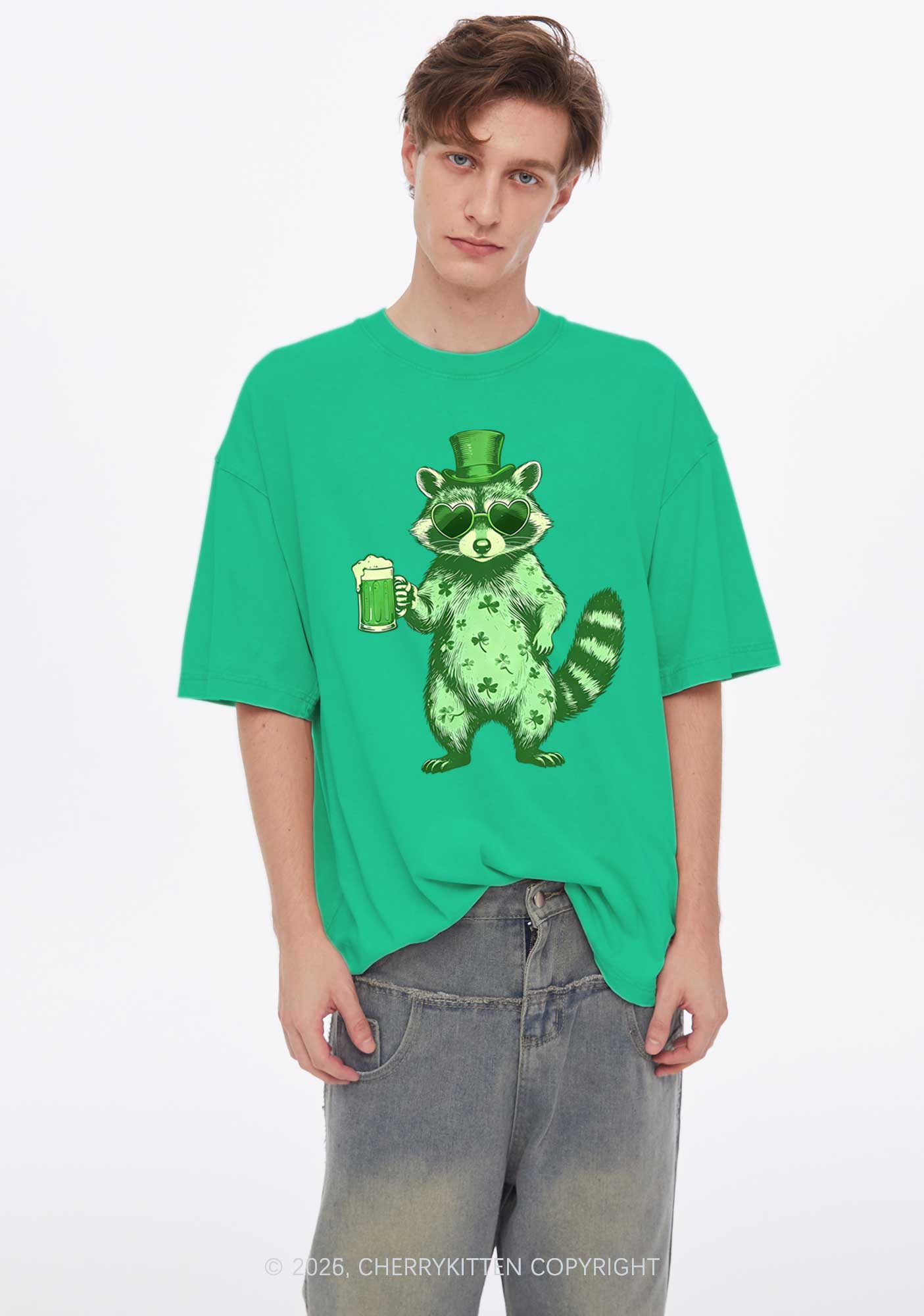 Green Feral Raccoon St Patricks Y2K Shirts Washed Tee Cherrykitten - Image 2