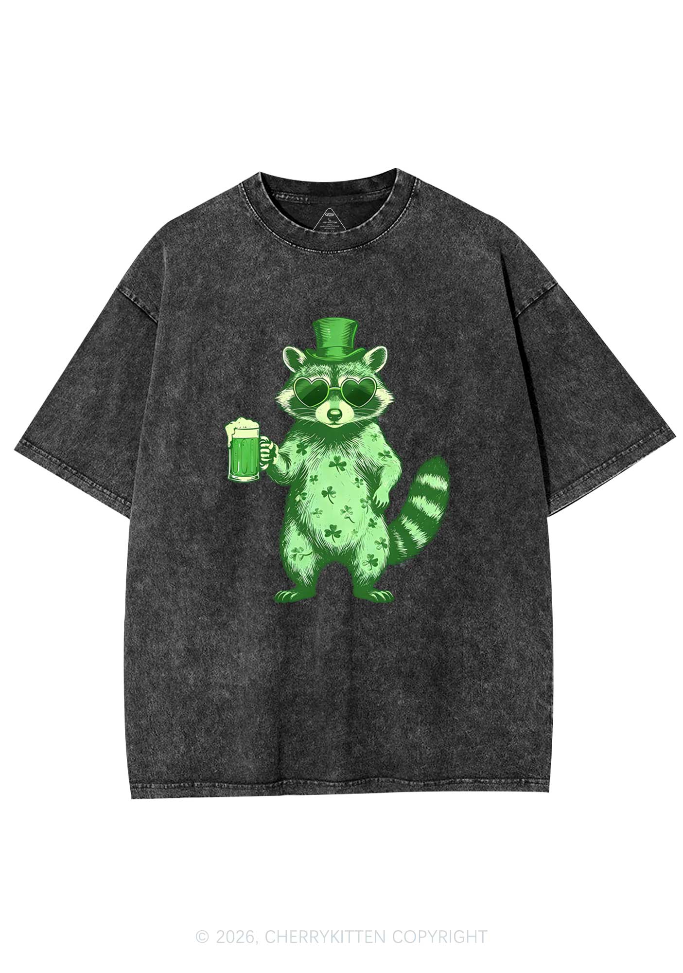 Green Feral Raccoon St Patricks Y2K Shirts Washed Tee Cherrykitten - Image 3