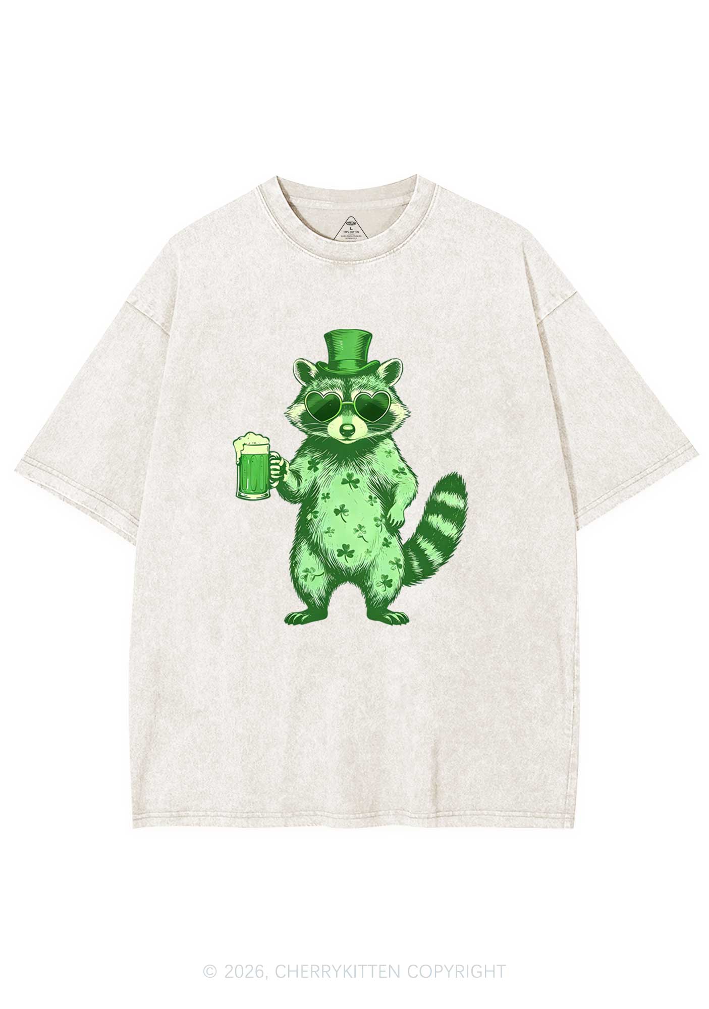 Green Feral Raccoon St Patricks Y2K Shirts Washed Tee Cherrykitten - Image 4
