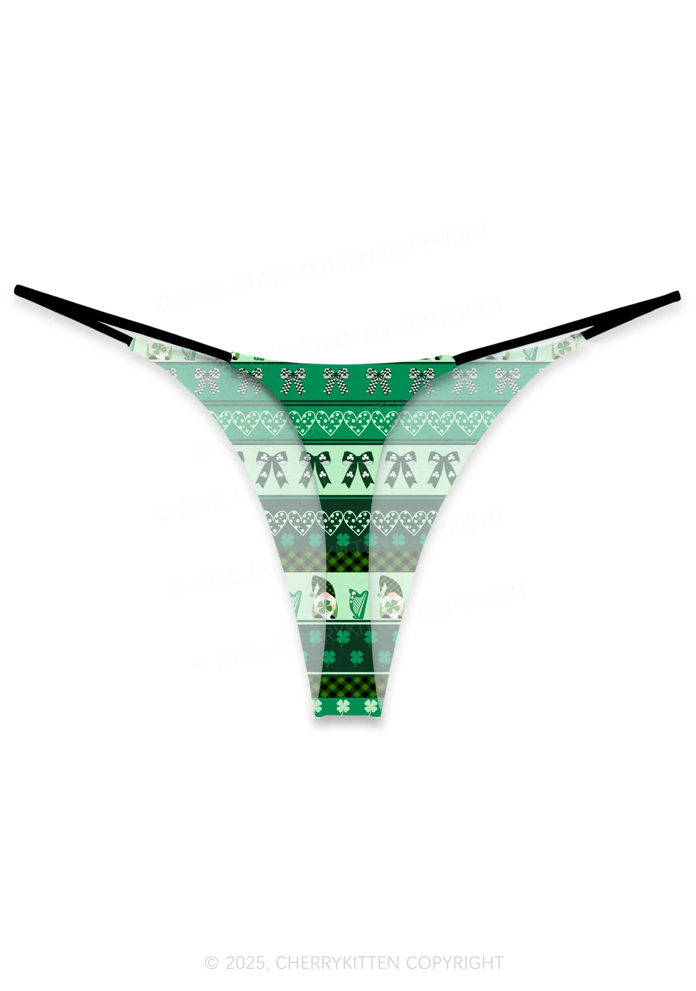 Green Gnome Shamrock Bows St Patricks Y2K Print Bikini String Thong Cherrykitten - Image 3