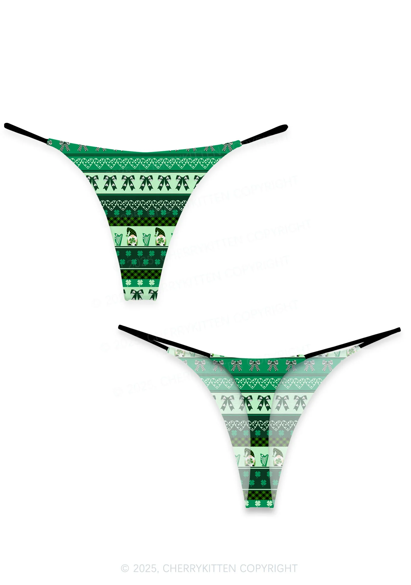 Green Gnome Shamrock Bows St Patricks Y2K Print Bikini String Thong Cherrykitten - Image 4