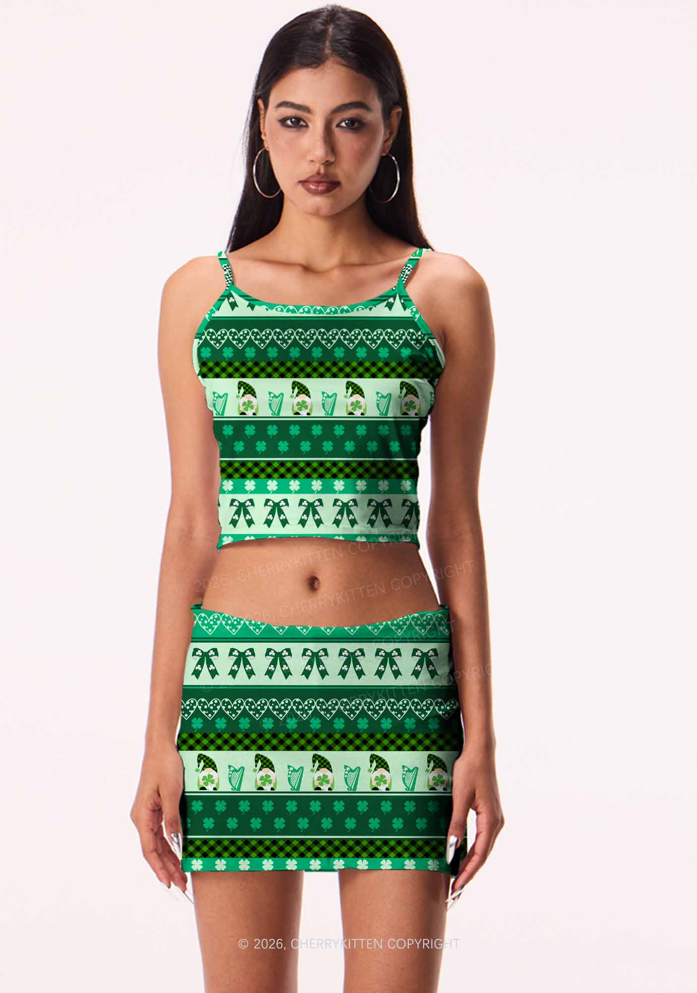 Green Gnome Shamrock Bows St Patricks Y2K Print Mini Skirt Cherrykitten - Image 2