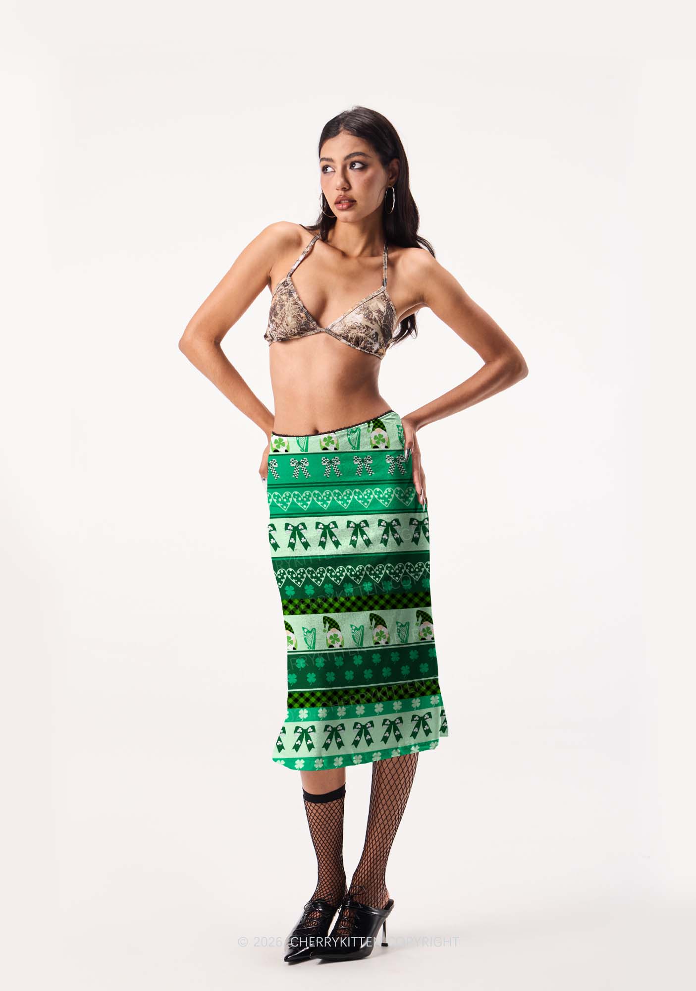 Green Gnome Shamrock Bows St Patricks Y2K Print Midi Skirt Cherrykitten - Image 2