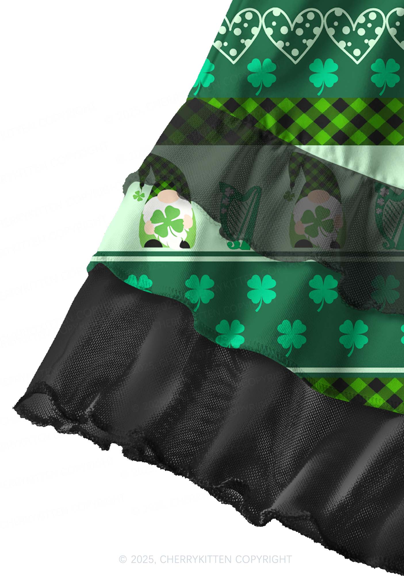 Green Gnome Shamrock Bows St Patricks Y2K Print Mini Layered Skirt Cherrykitten - Image 2