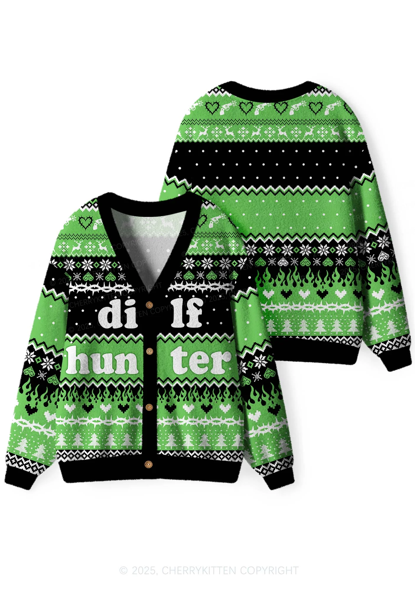 Green Hunter Y2K Christmas Cardigan Knit Sweatshirt Cherrykitten - Image 3