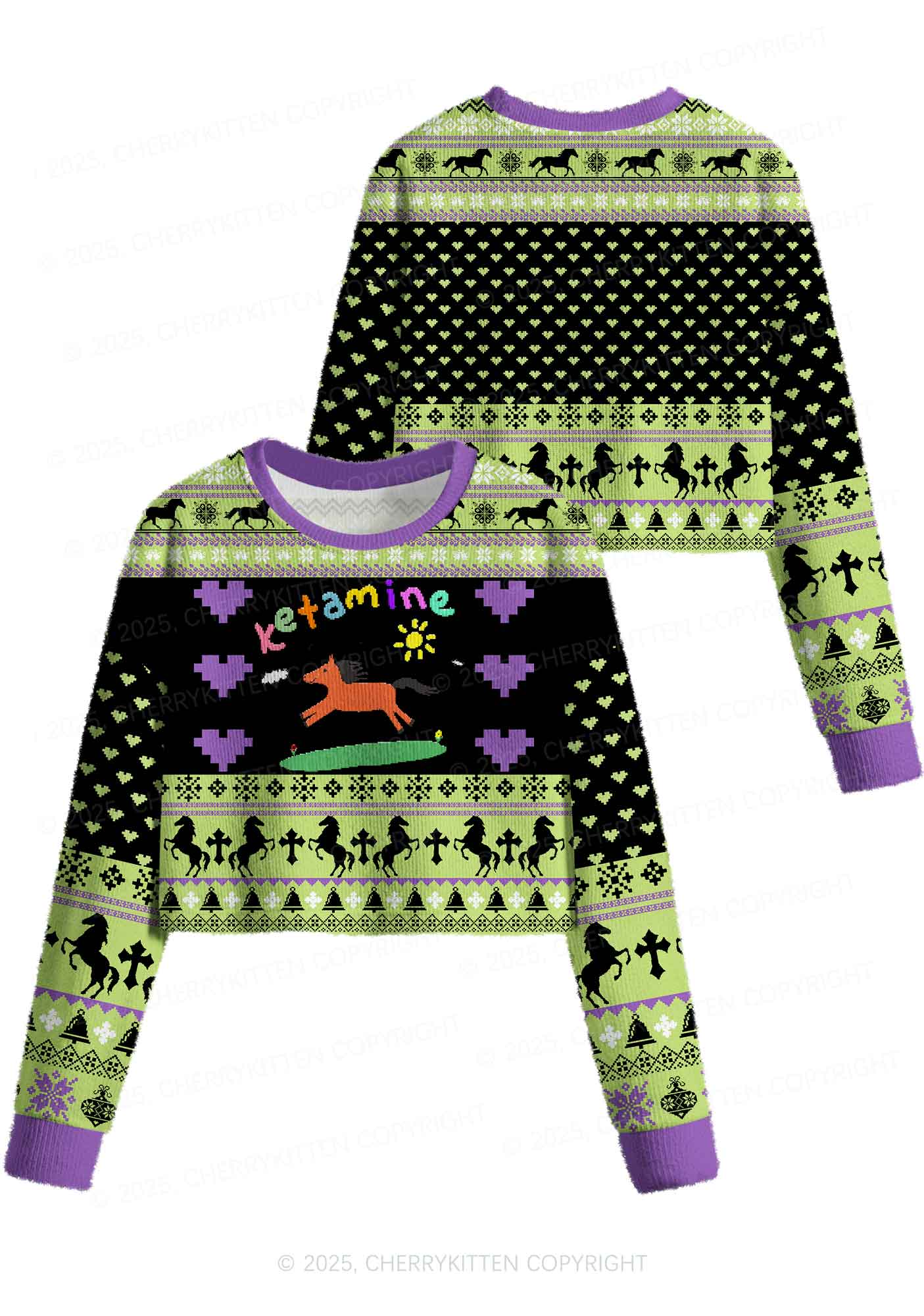 Green K Pony Y2K Christmas Crop Knit Sweatshirt Cherrykitten - Image 3