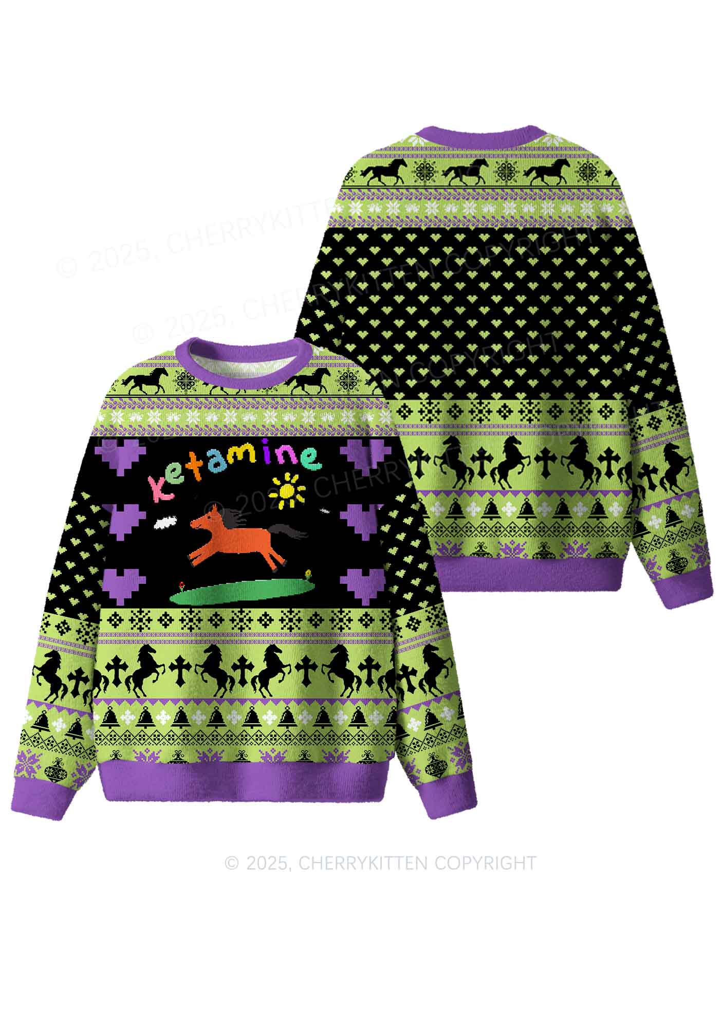 Green K Pony Y2K Christmas Knit Sweatshirt Cherrykitten - Image 3
