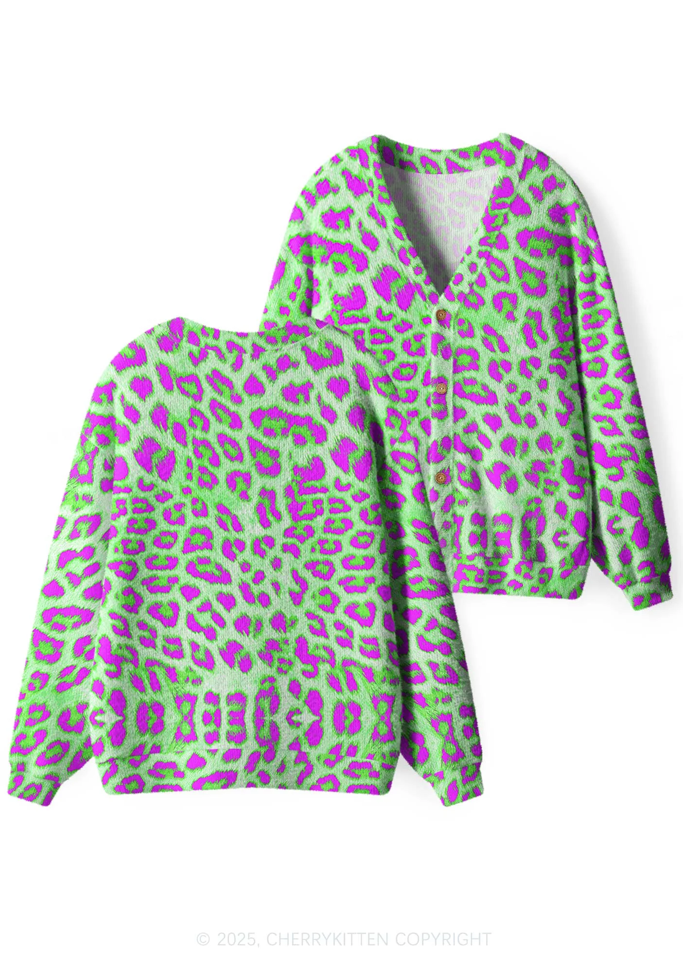 Green Leopard Y2K Christmas Cardigan Knit Sweatshirt Cherrykitten - Image 2