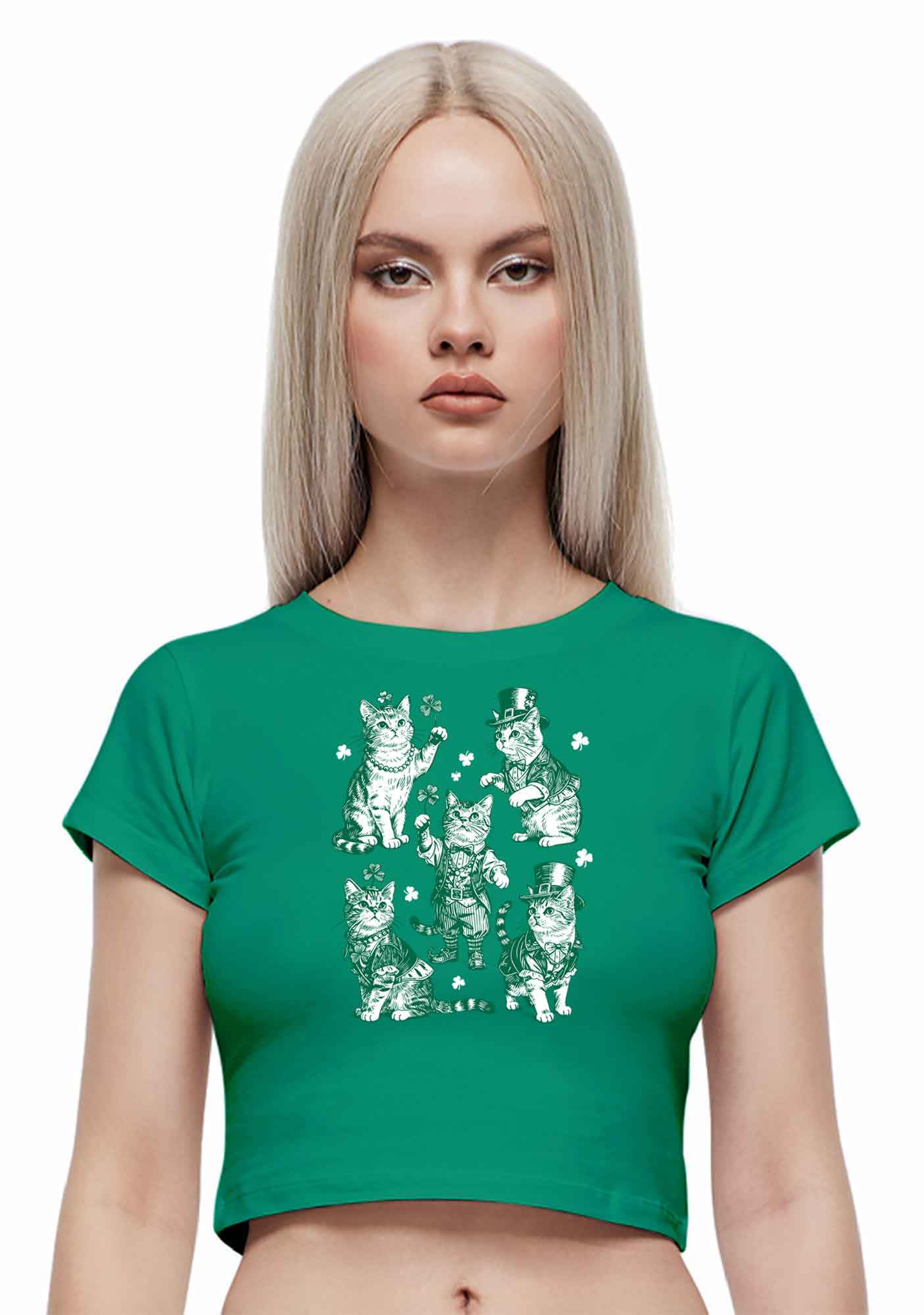Green Lucky Cats St Patricks Y2K Baby Tee Cherrykitten - Image 2