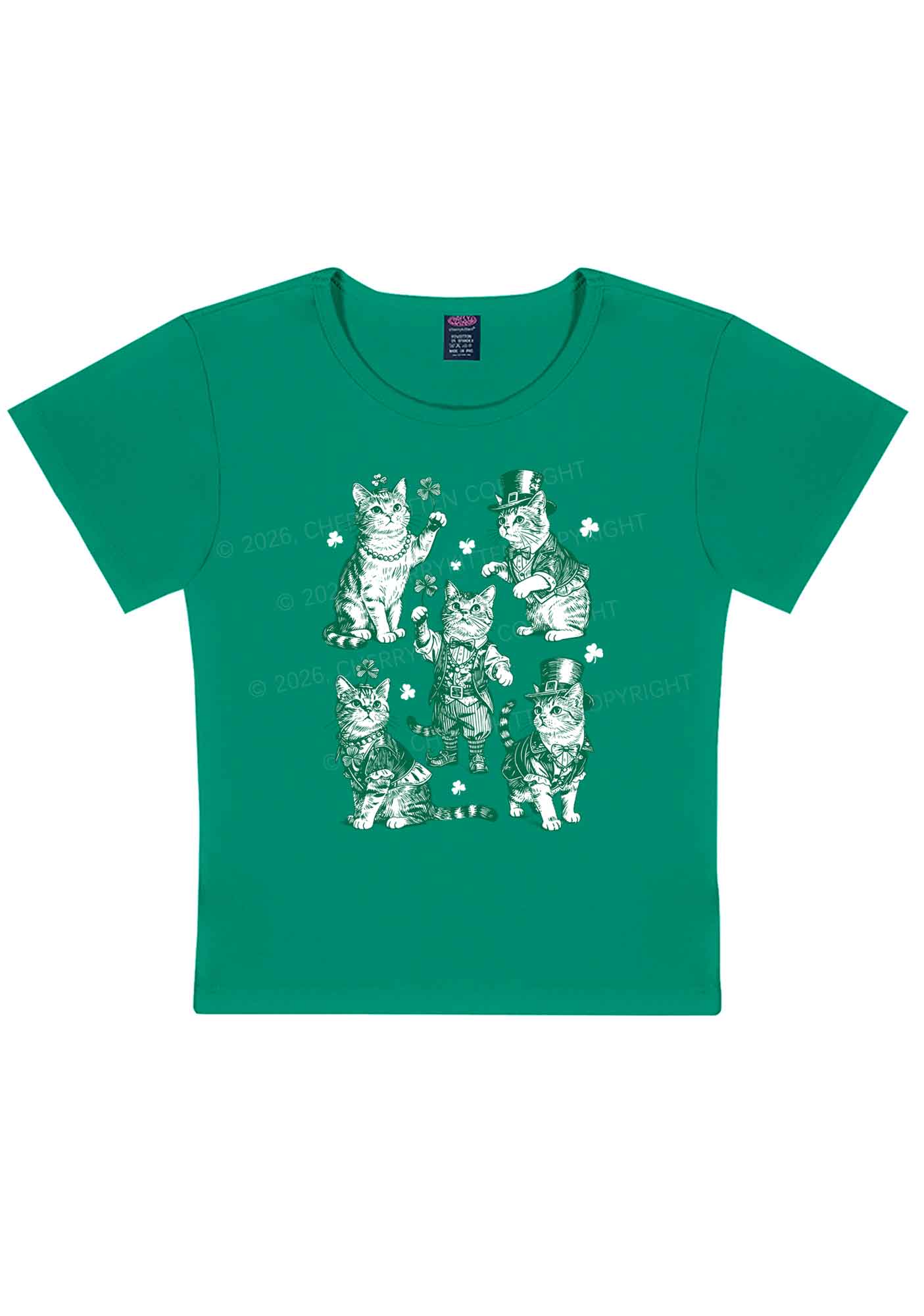 Green Lucky Cats St Patricks Y2K Baby Tee Cherrykitten - Image 3