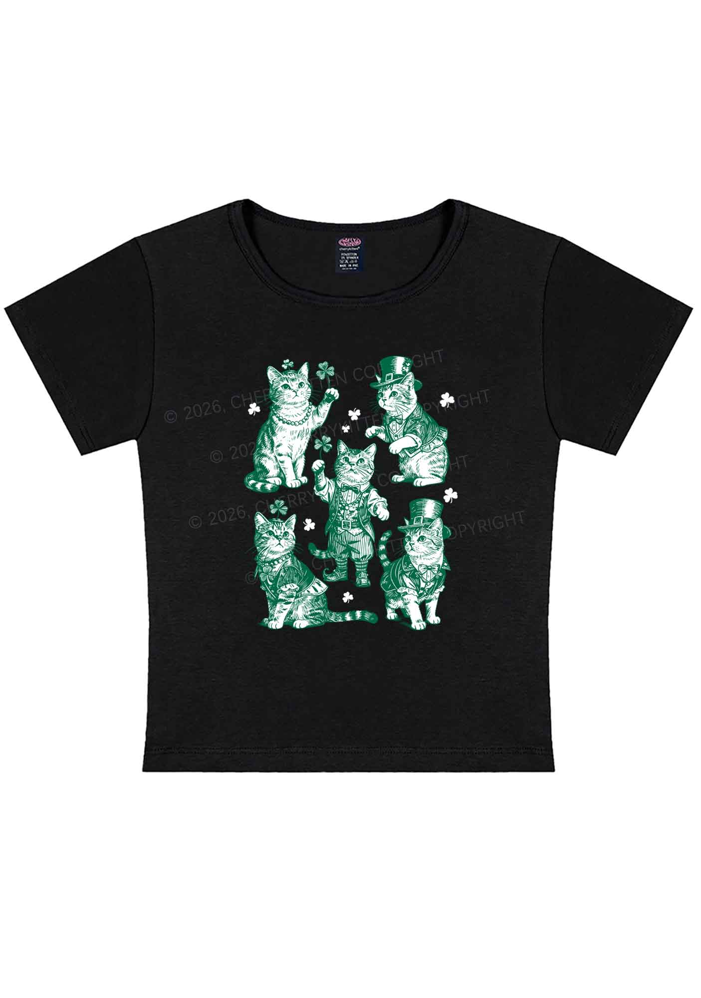 Green Lucky Cats St Patricks Y2K Baby Tee Cherrykitten - Image 4