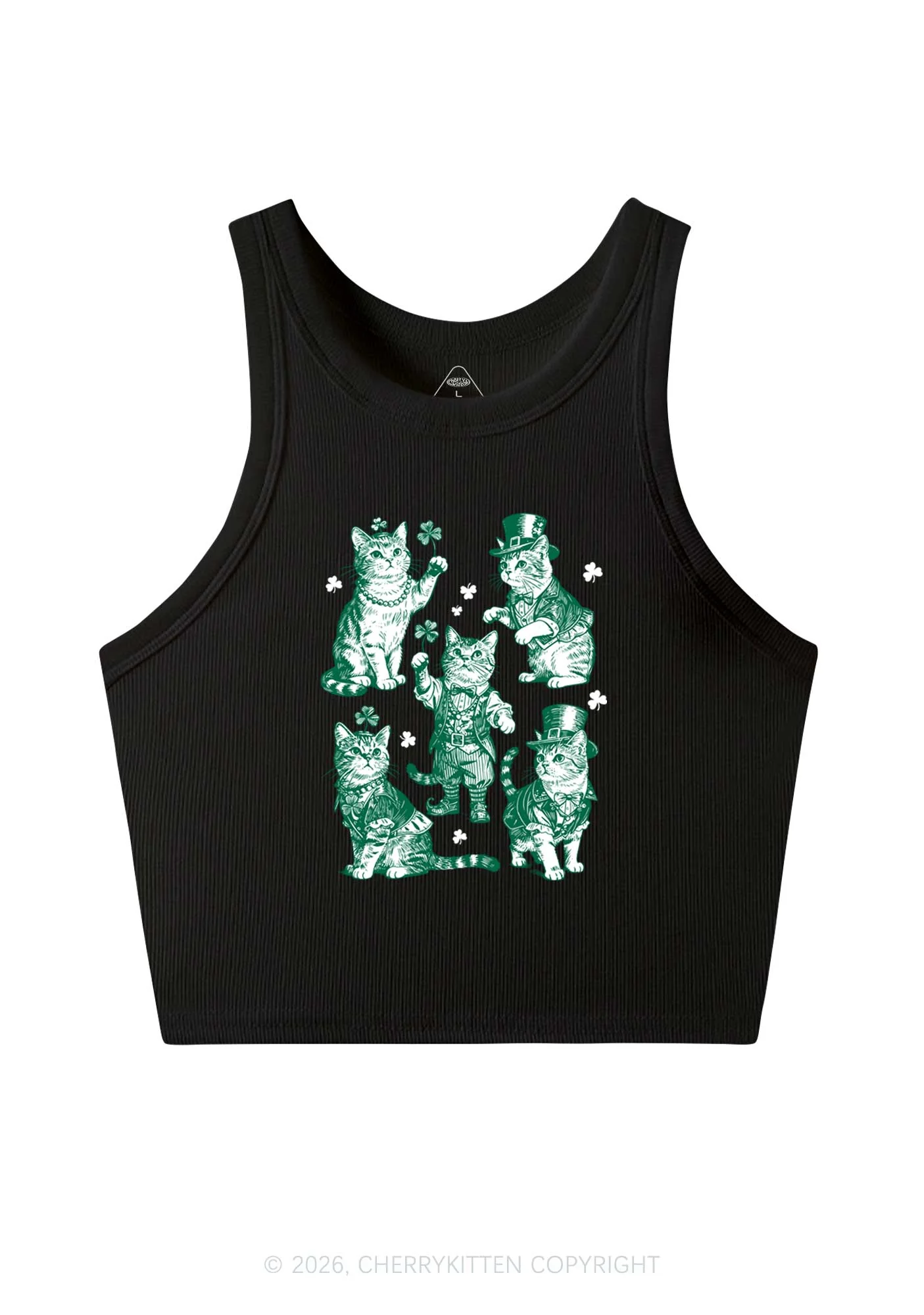 Green Lucky Cats St Patricks Y2K Crop Tank Top Cherrykitten - Image 3