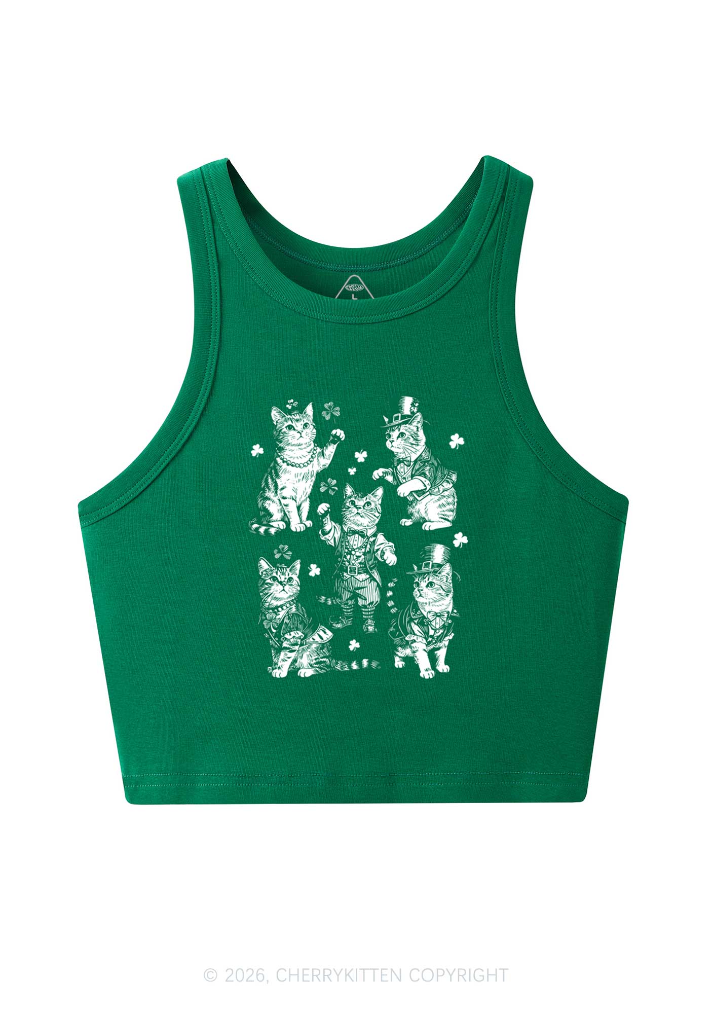 Green Lucky Cats St Patricks Y2K Crop Tank Top Cherrykitten - Image 4