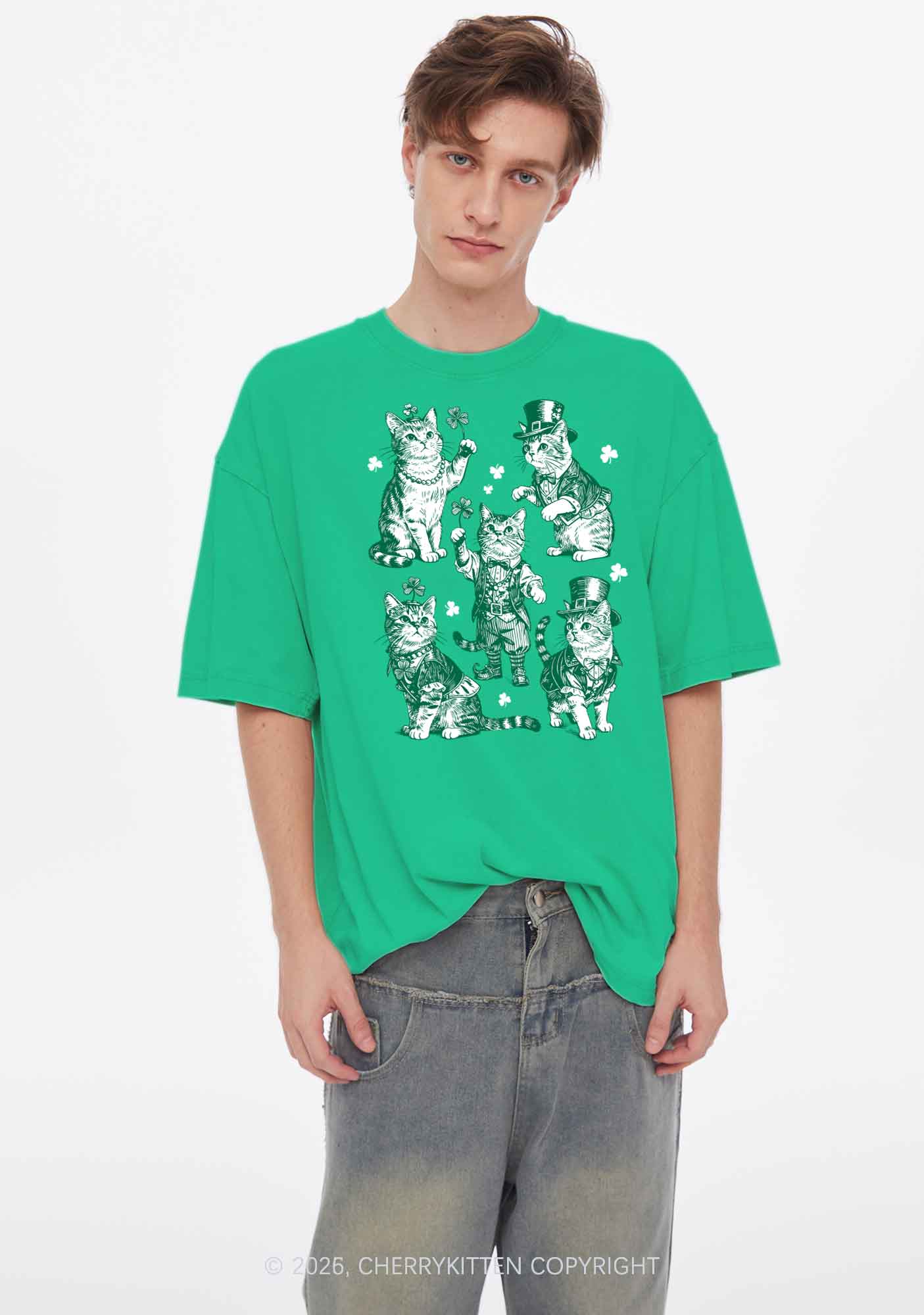 Green Lucky Cats St Patricks Y2K Shirts Washed Tee Cherrykitten - Image 2