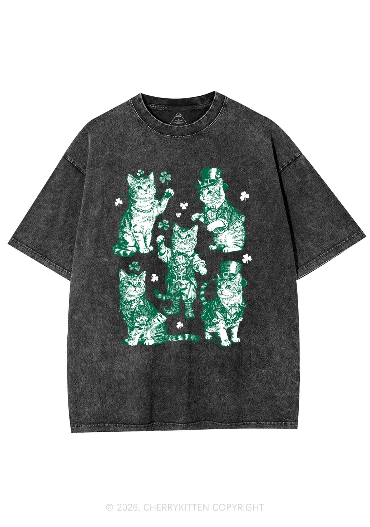 Green Lucky Cats St Patricks Y2K Shirts Washed Tee Cherrykitten - Image 3