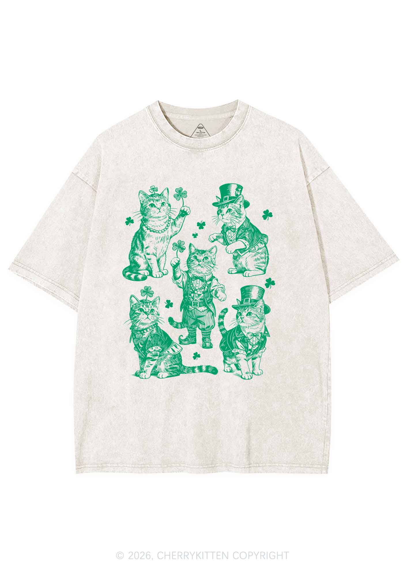 Green Lucky Cats St Patricks Y2K Shirts Washed Tee Cherrykitten - Image 4