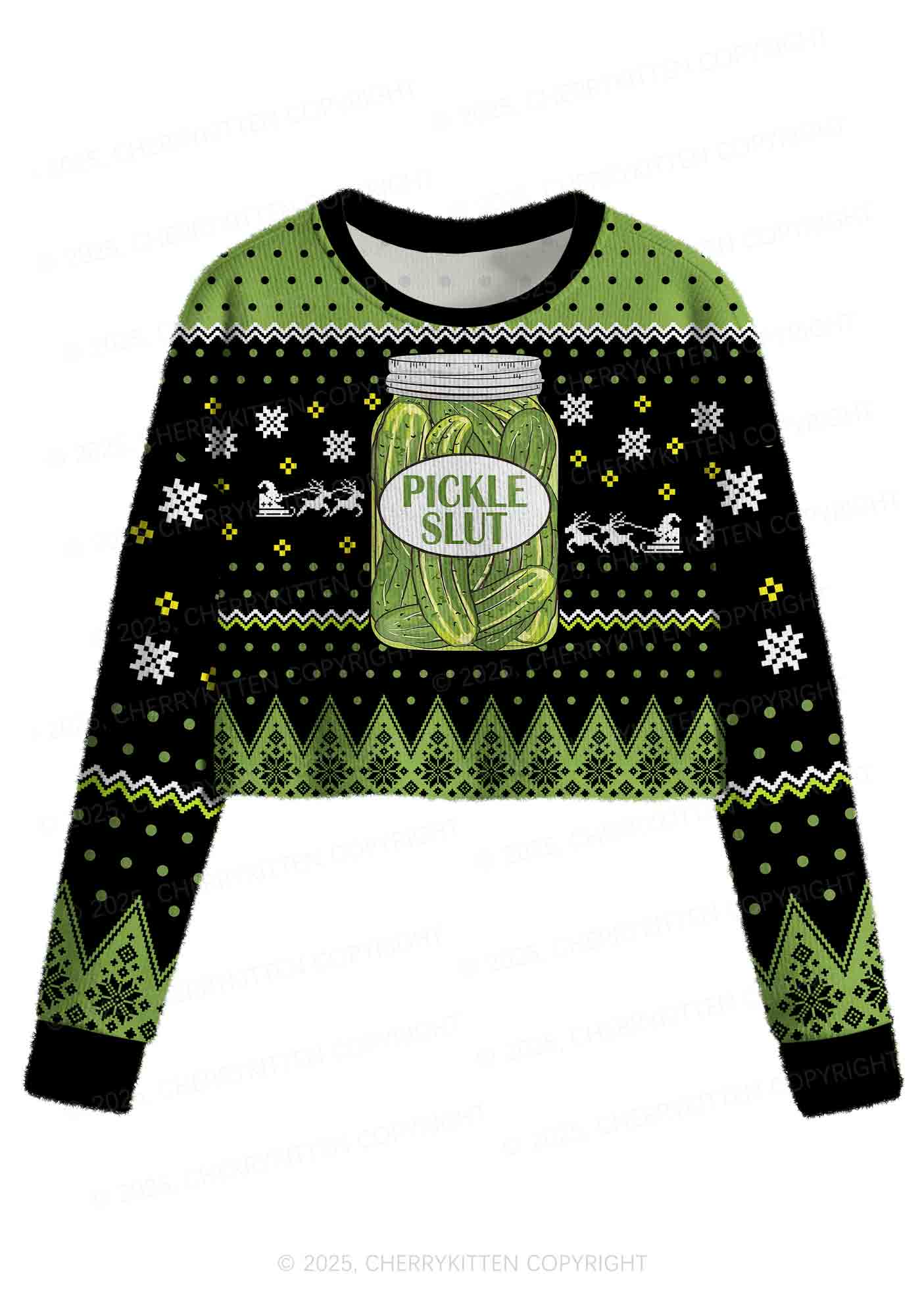 Green Pickle Slxt Y2K Christmas Crop Knit Sweatshirt Cherrykitten - Image 2