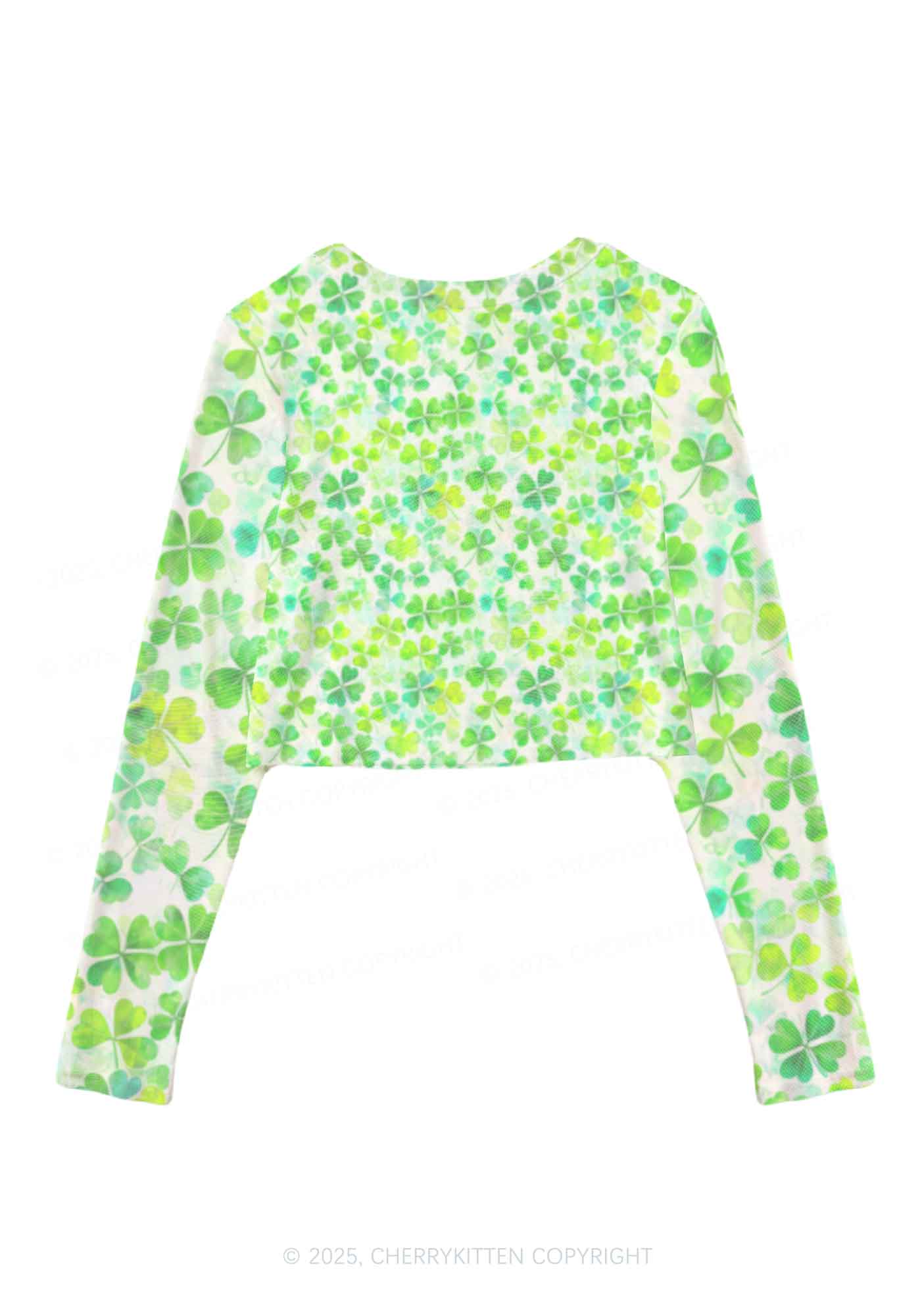 Green Shamrock Y2K Mesh Long Sleeve Crop Top Cherrykitten - Image 2