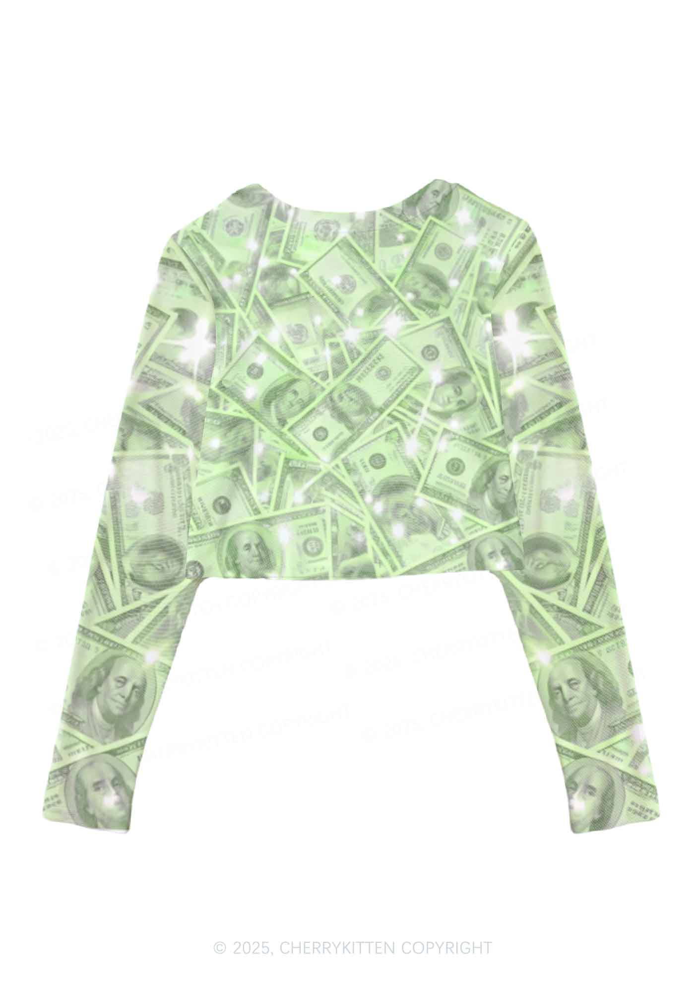 Green Shiny Money Y2K Mesh Long Sleeve Crop Top Cherrykitten - Image 2