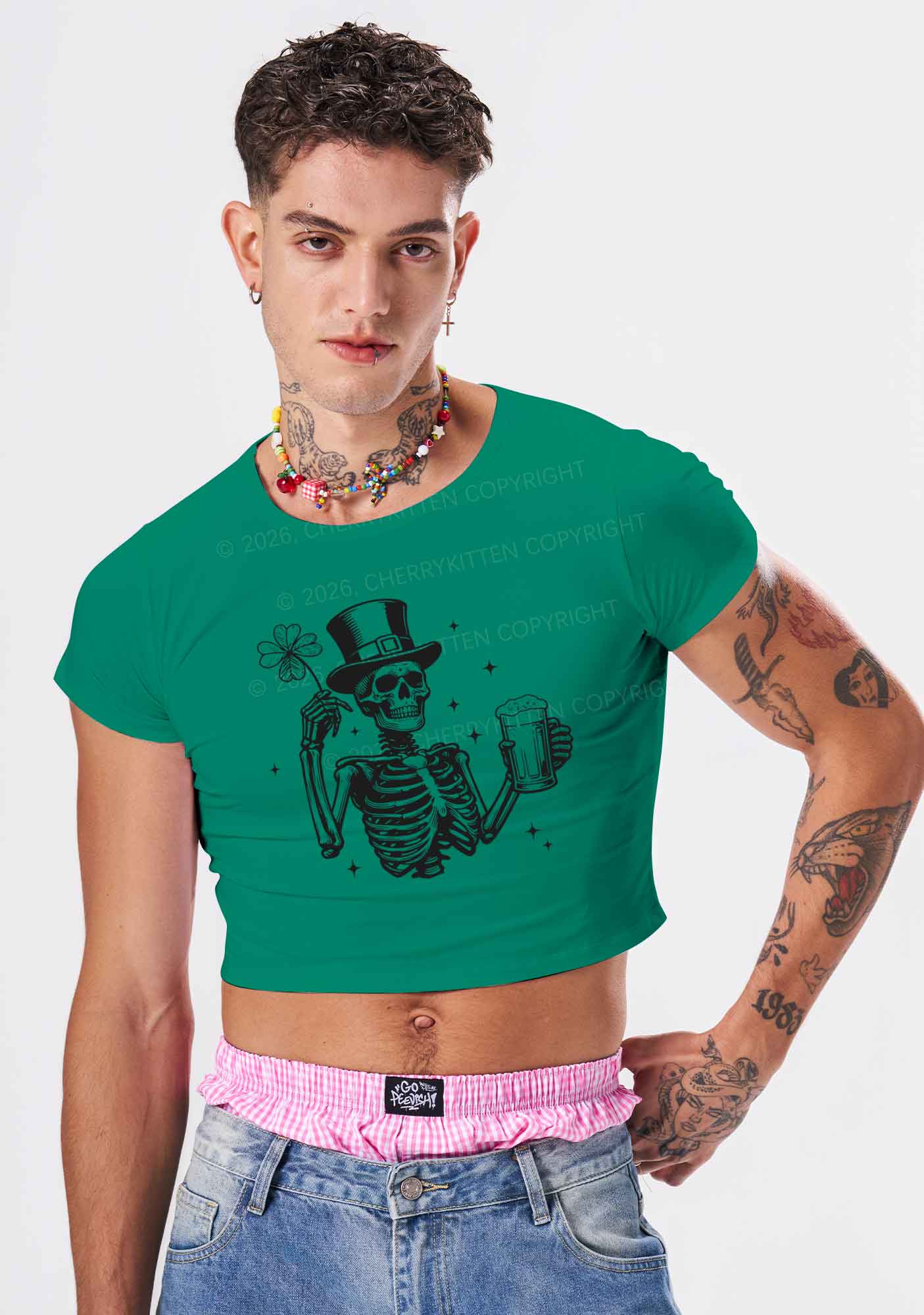 Green Skeleton St Patricks Y2K Baby Tee Cherrykitten - Image 2